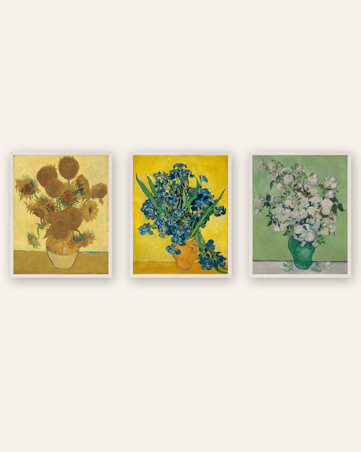 Van Gogh-posters med blommor, set med 3: Solrosor, Irisar och Rosor, i vita ekramar