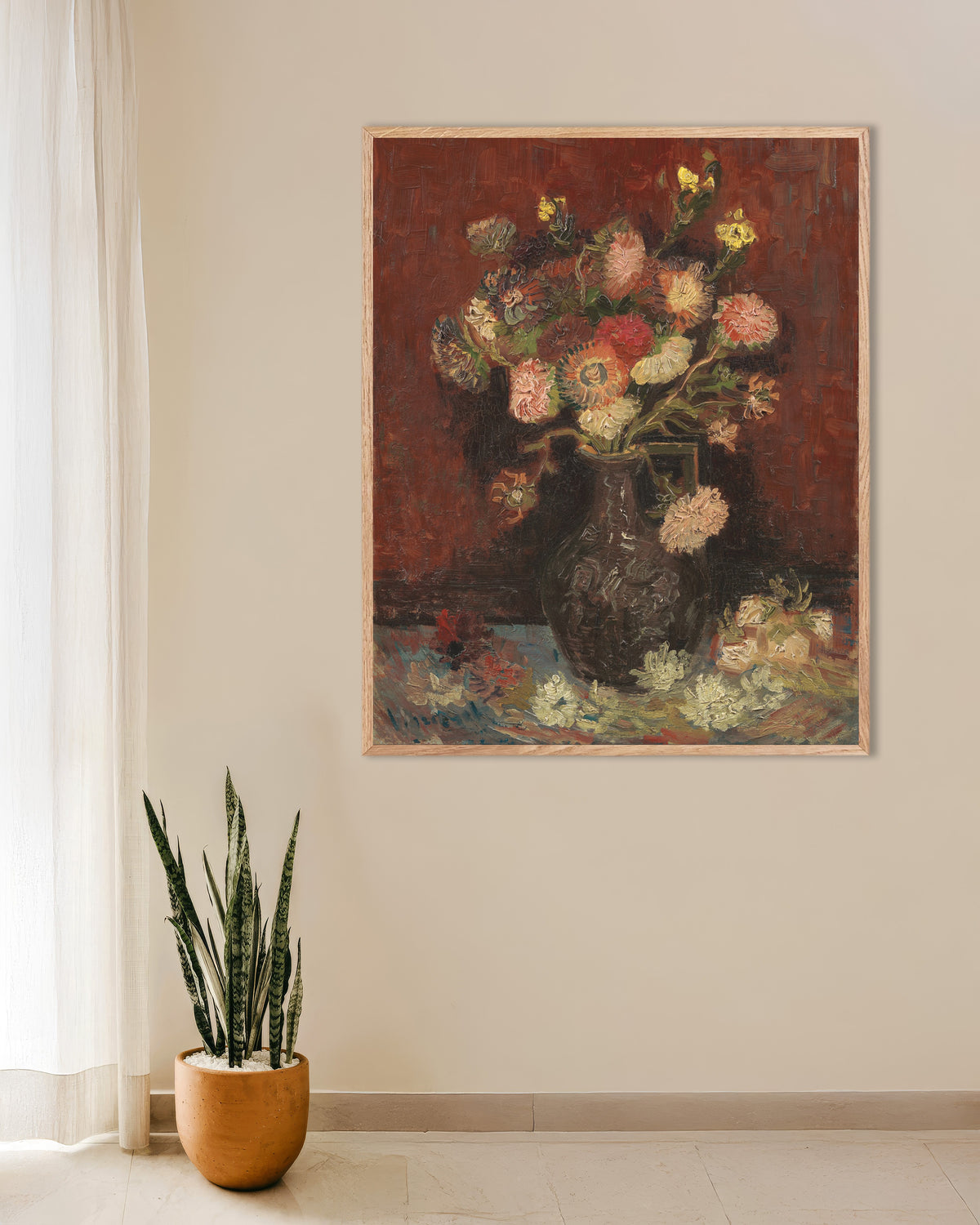 Poster av Vas med kinesiska astrar och gladiolus (1886) av Vincent van Gogh, med ram av naturträ