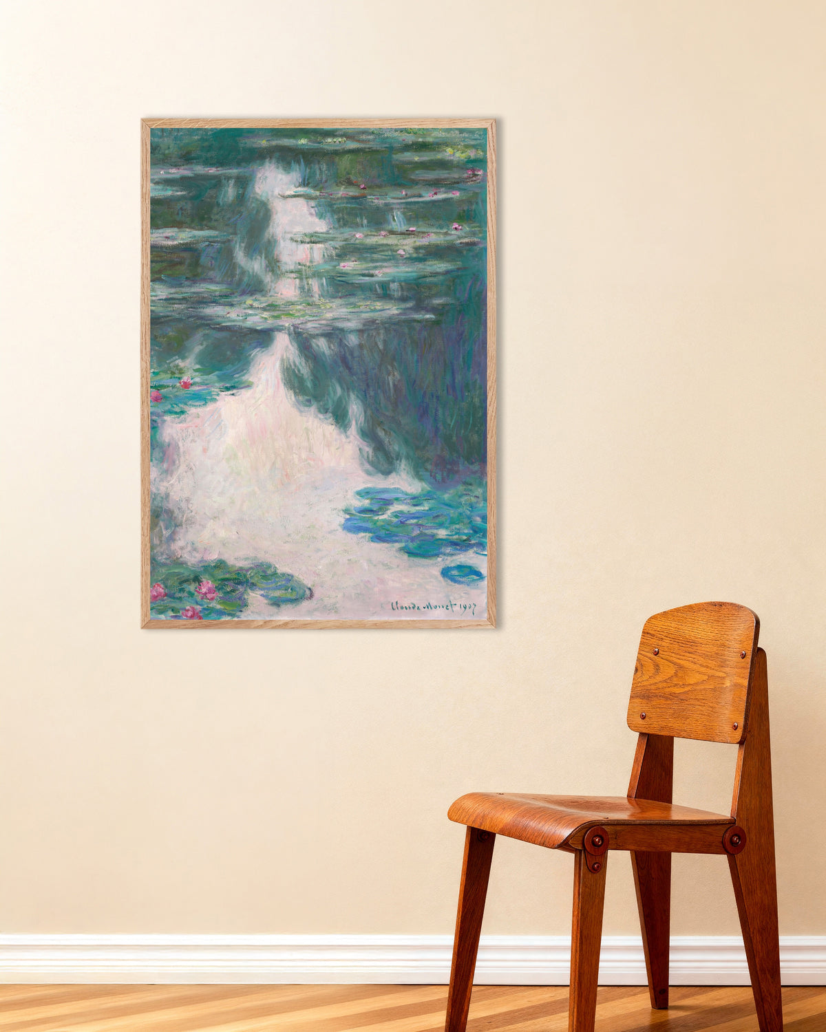 Poster Näckrosor, grått väder (1907) av Claude Monet med ram i naturträ