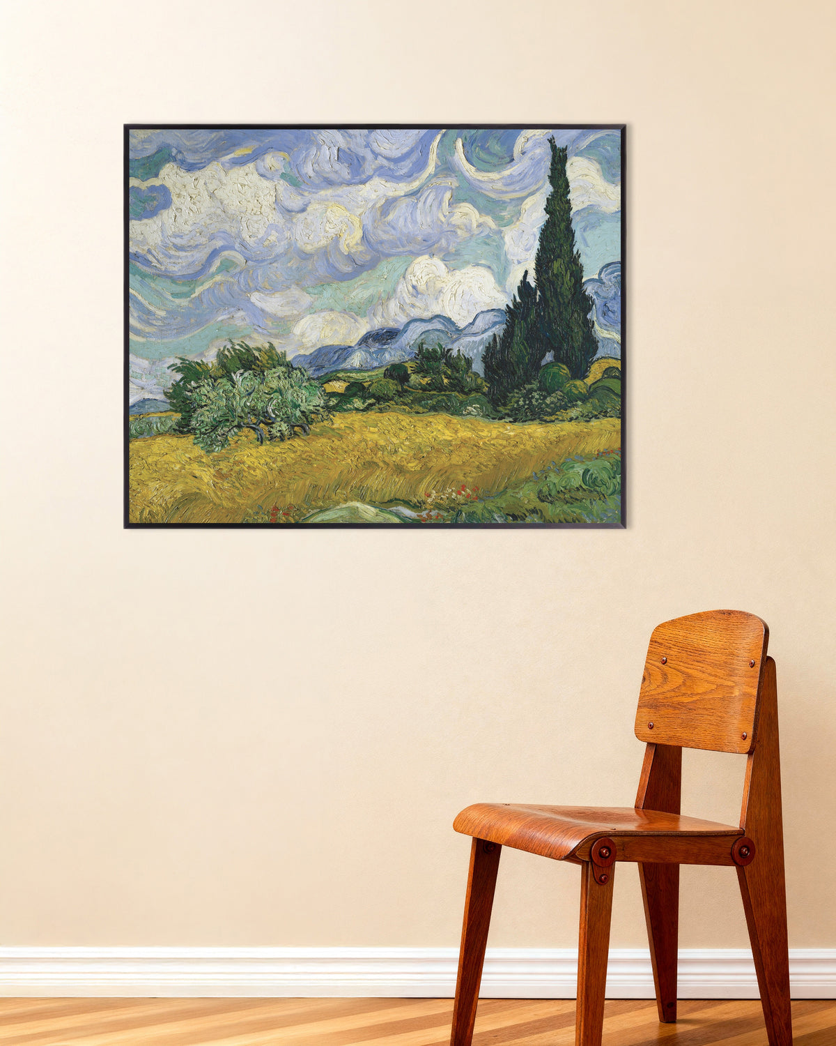 Poster av Vetefält med cypresser (1889) av Vincent van Gogh, med metallram