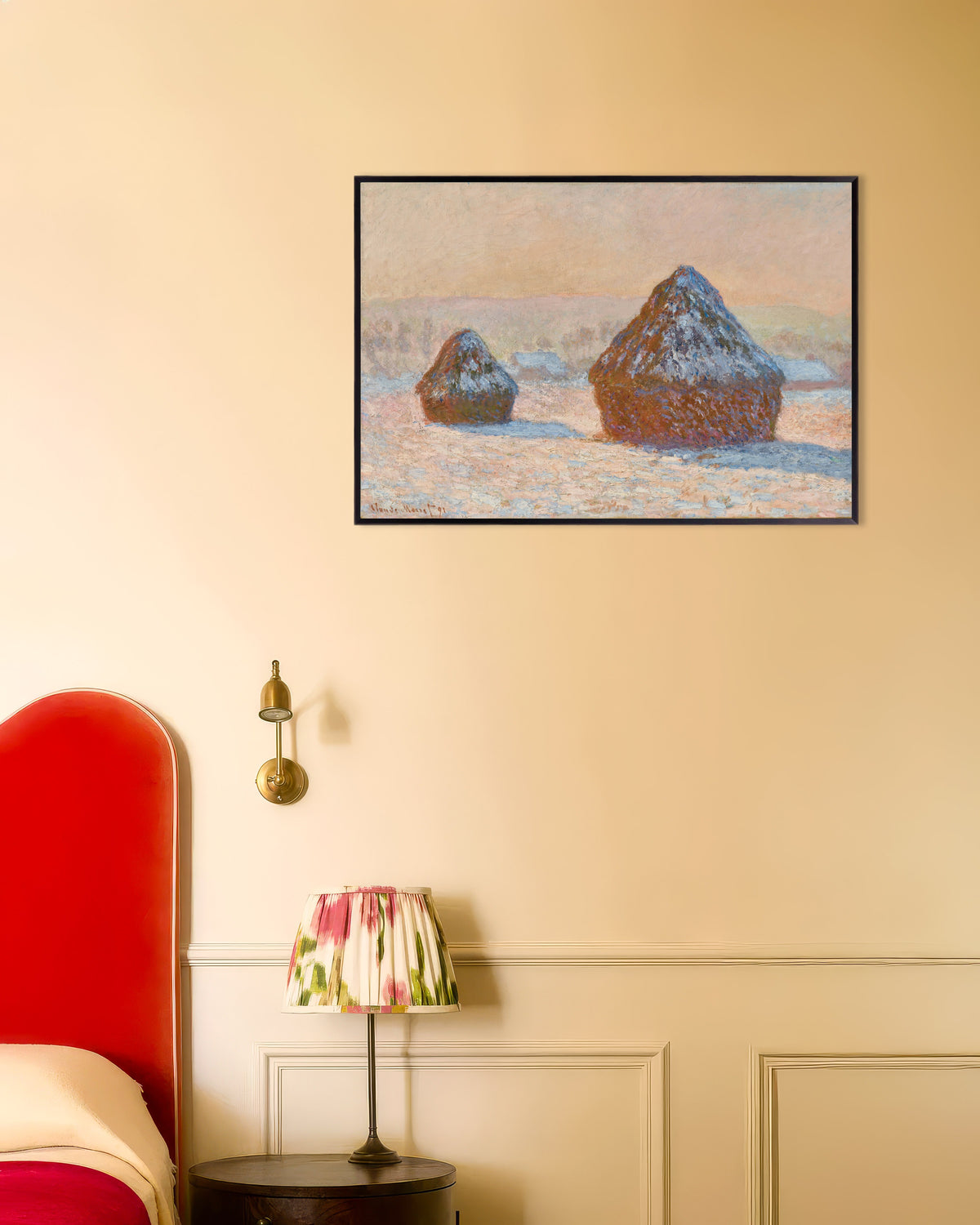 Poster Sädesstackar, snöeffekt, morgon (1891) av Claude Monet med metallram