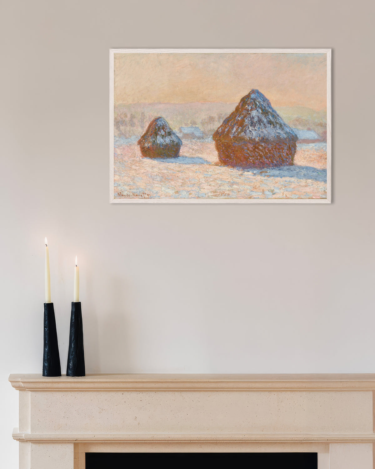 Poster Sädesstackar, snöeffekt, morgon (1891) av Claude Monet med vit träram
