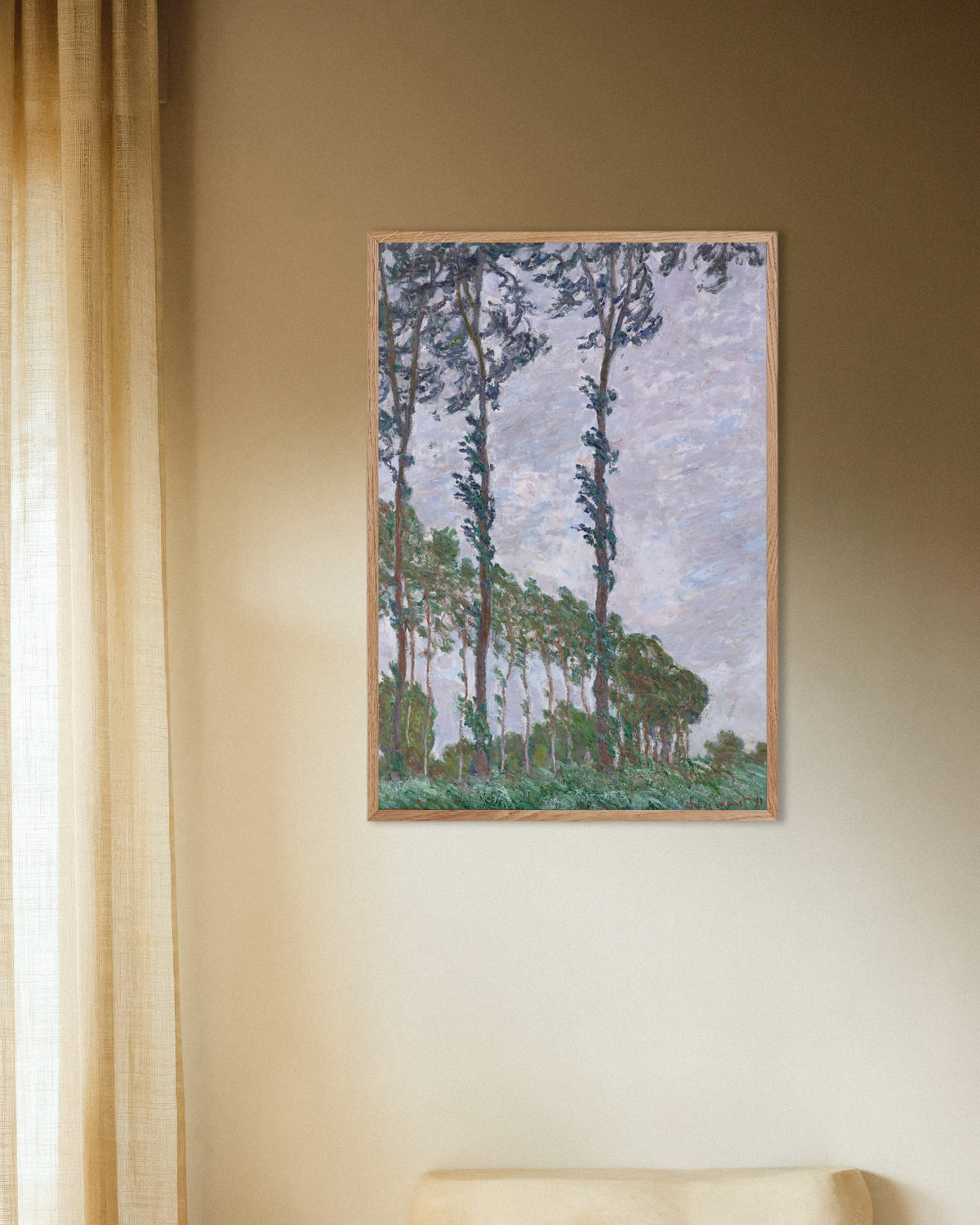 Poster Popplar, vindeffekt (1891) av Claude Monet med ram i naturträ