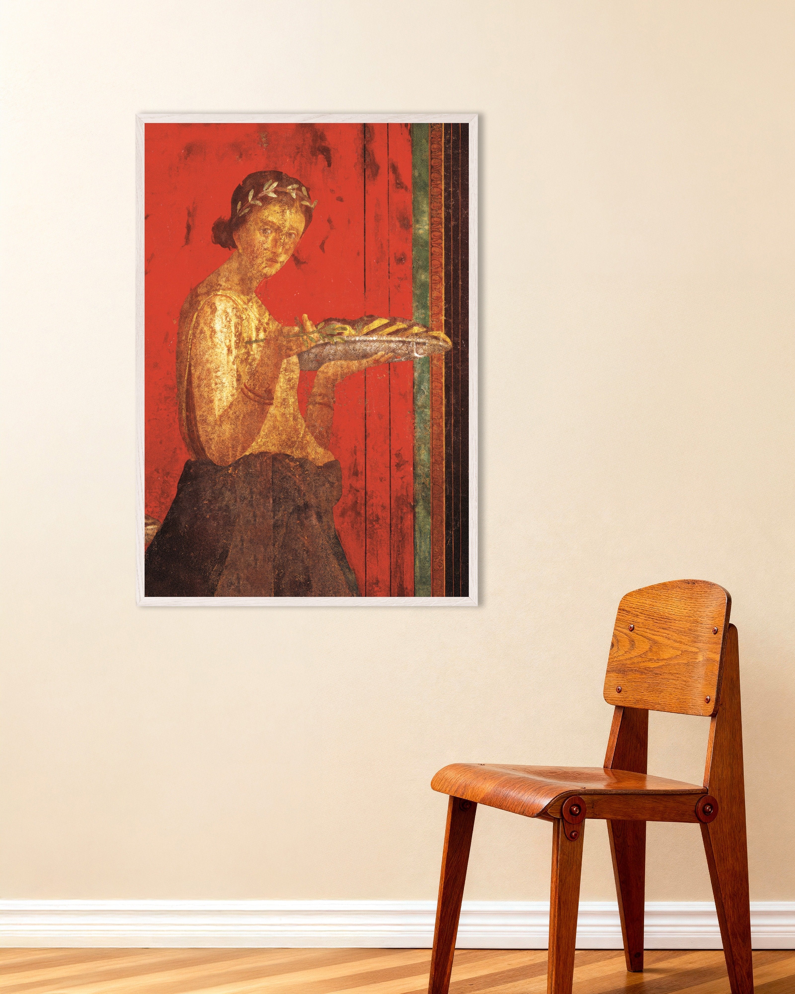 Poster of Woman with wreath fresco poster from Pompeii, with white wooden frame