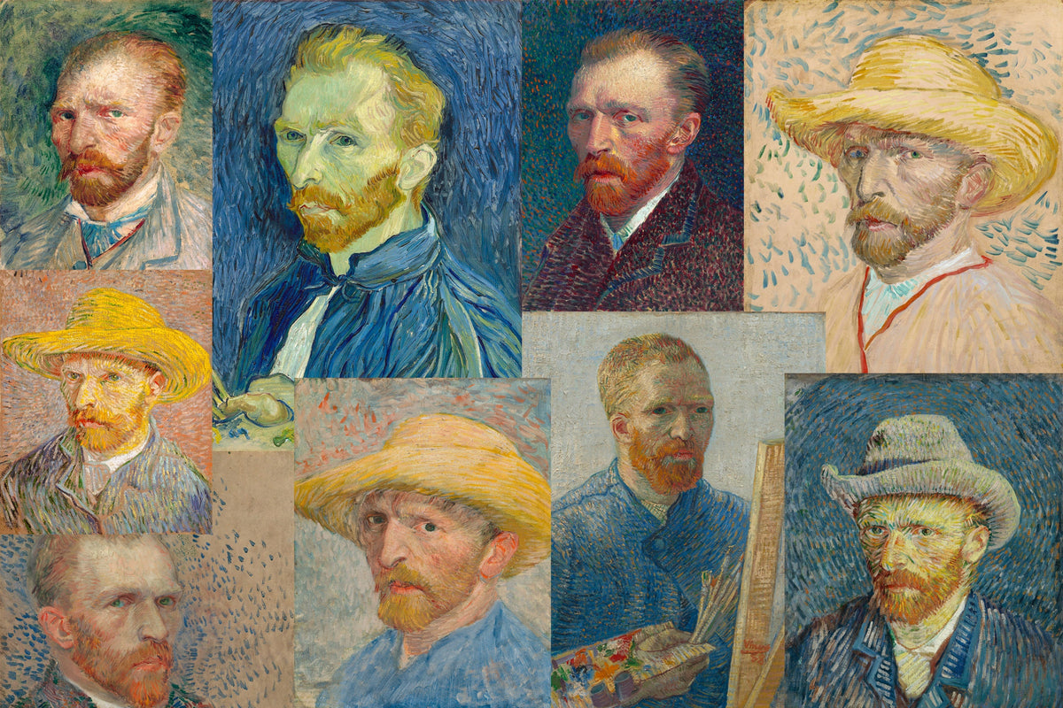 Nio självporträtt av Vincent van Gogh, de flesta målade i Paris mellan 1886 och 1888, flera med stråhatt