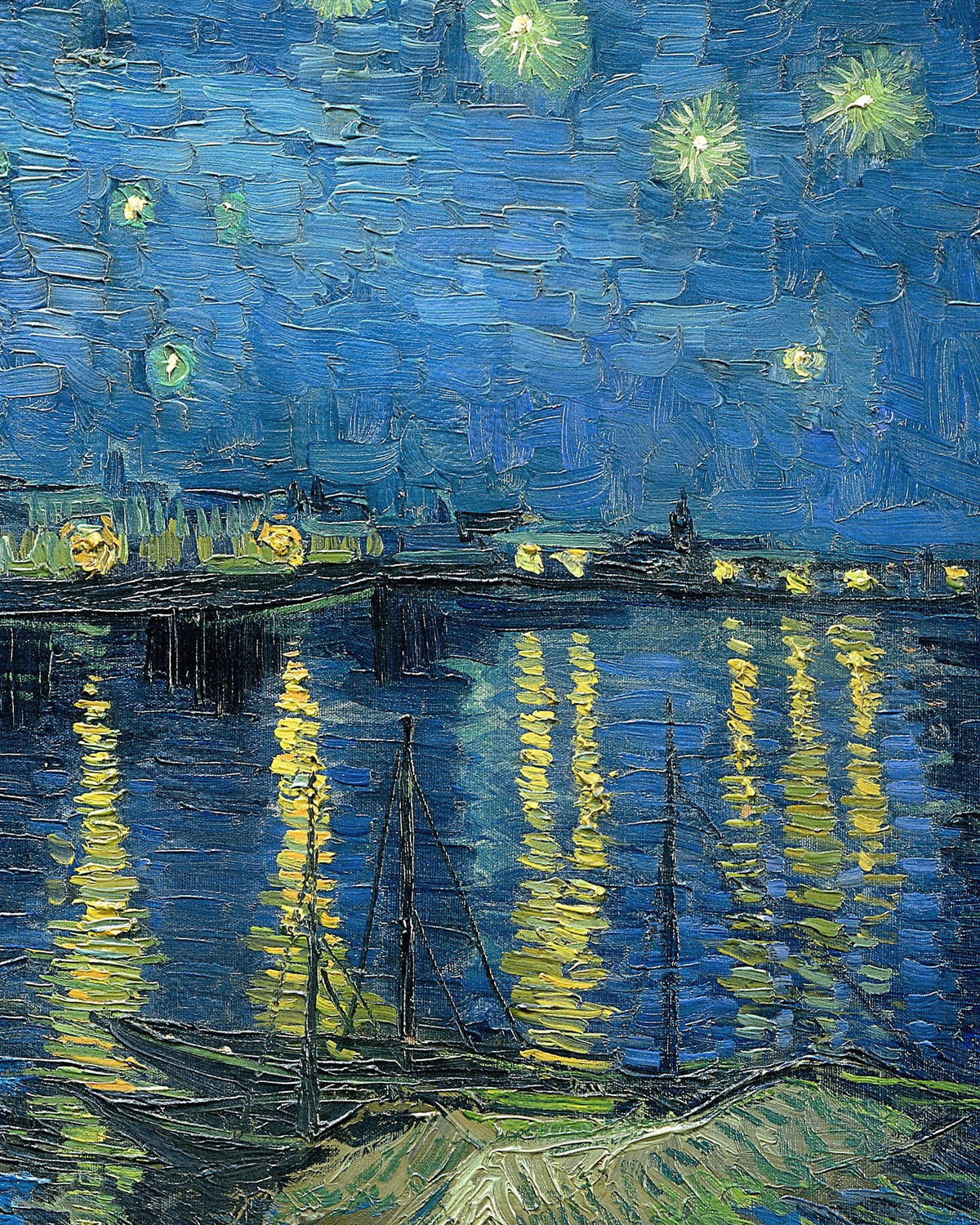 Detalj av Stjärnenatt över Rhône (1888) av Vincent van Gogh: Arles ljus speglas i floden under en blå stjärnhimmel
