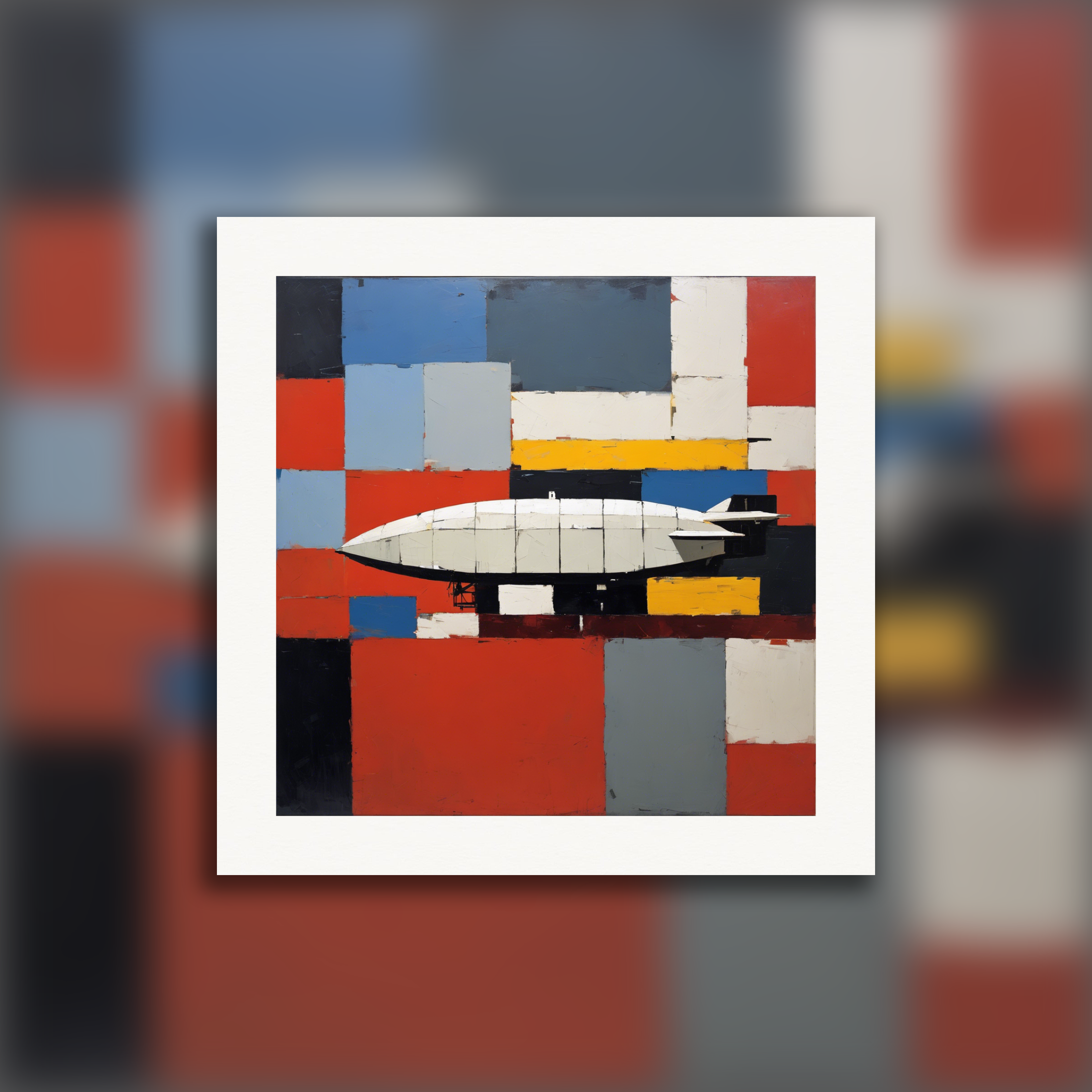 Figurativ abstraktion, tjocka och texturerade geometriska former, en zeppelin - Affisch