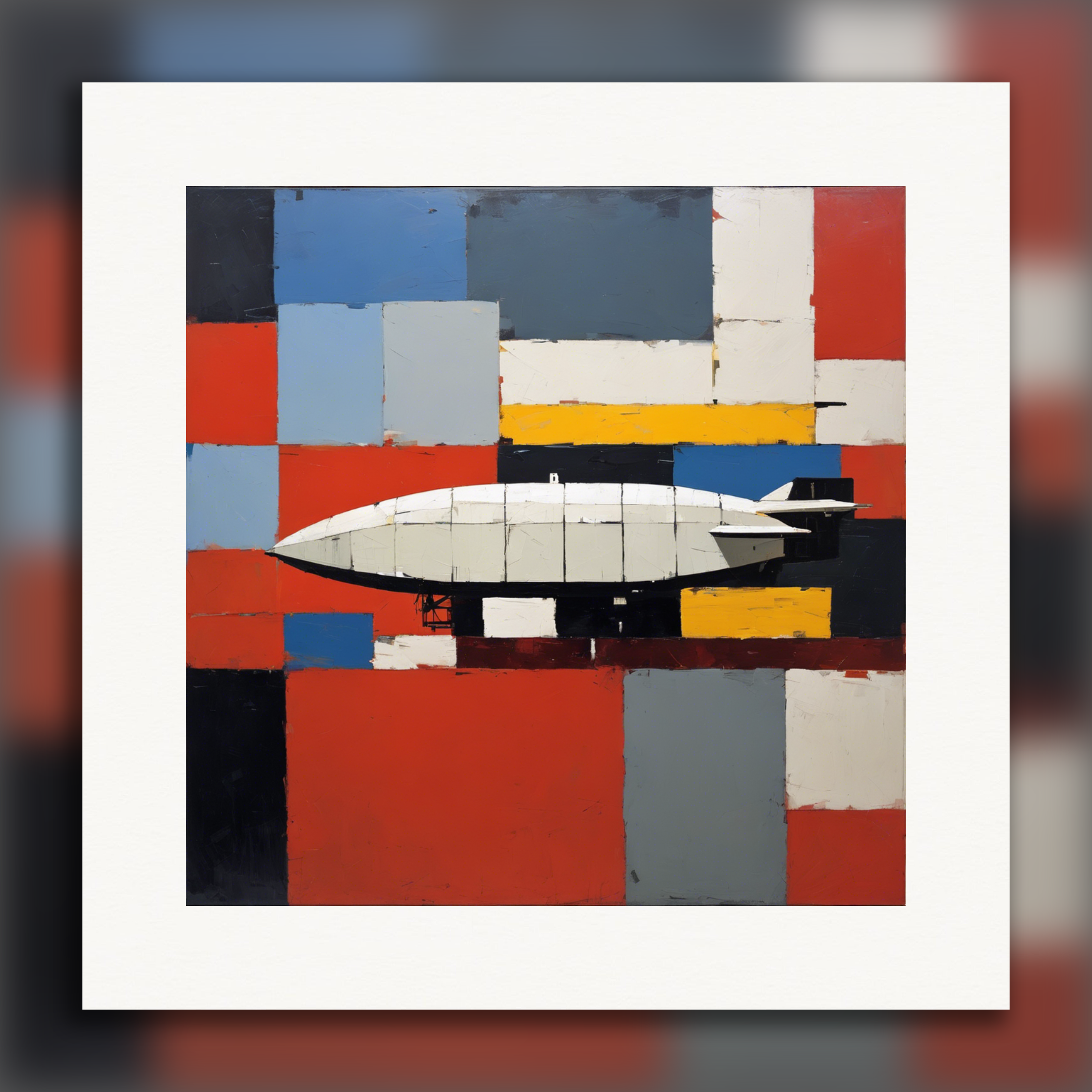 Figurativ abstraktion, tjocka och texturerade geometriska former, en zeppelin - Affisch