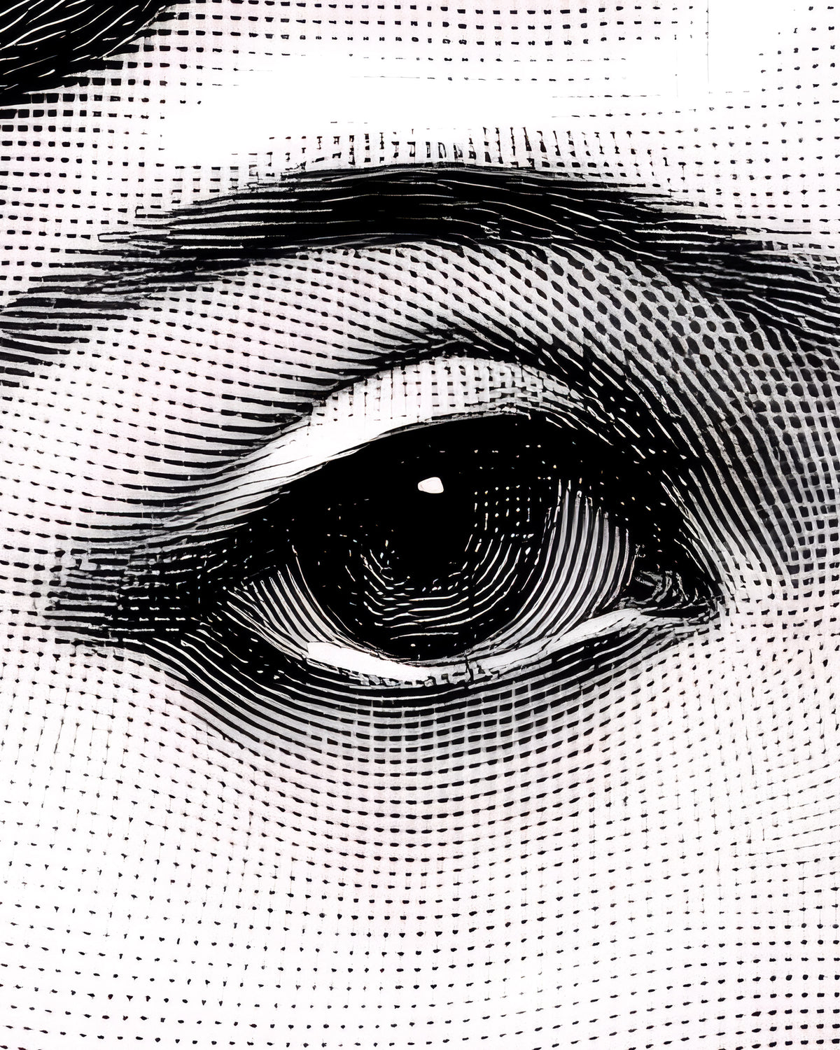 Black and white close-up graphic of a human eye rendered in a halftone dot pattern, filling the frame.