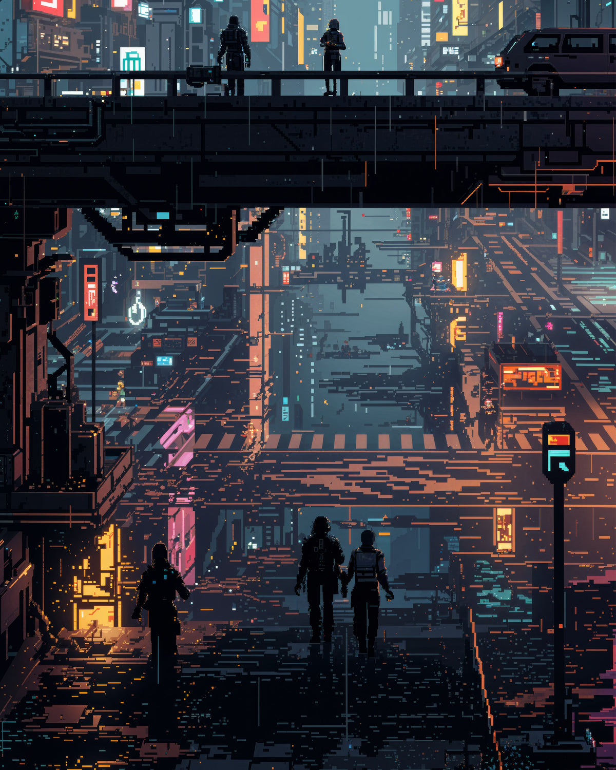 Futuristisk cyberpunkstad med silhuetter av fotgängare som går under upphöjda gångvägar och lysande neonskyltar i blå, rosa, orange och gula toner.