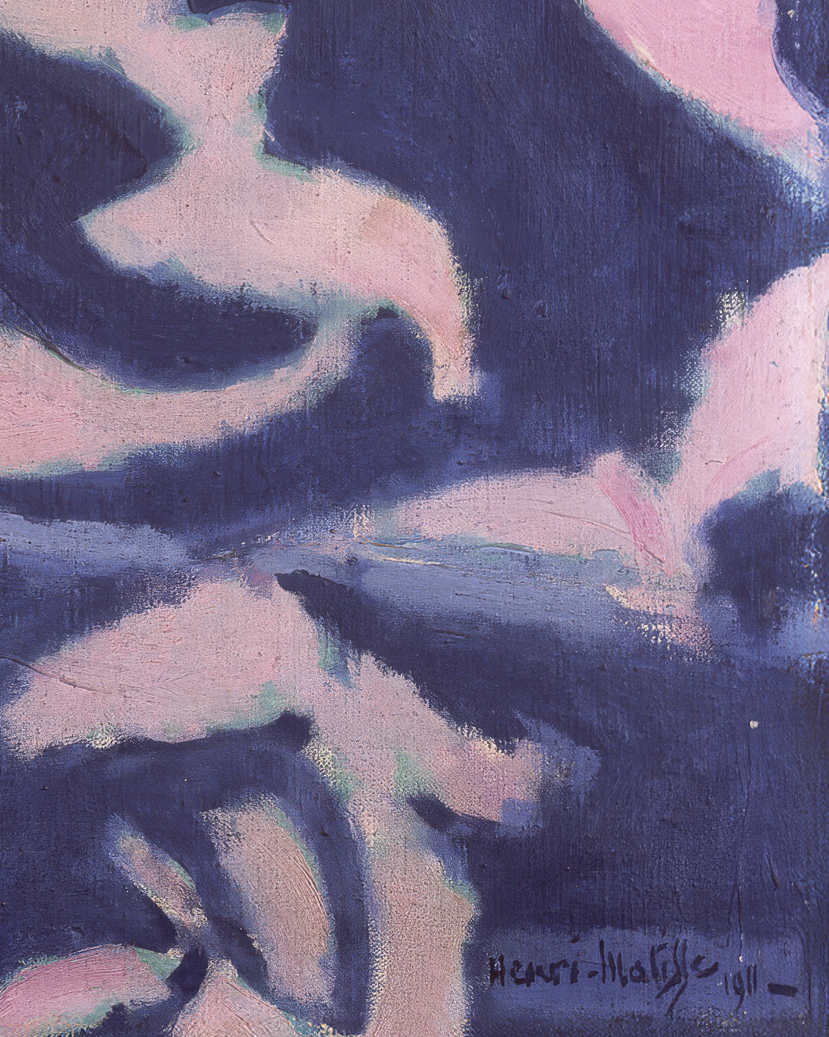 En målning av Henri Matisse från 1911 med uttrycksfulla penseldrag i djup marinblått och mjukt rosa, med konstnärens signatur och årtalet ”1911” nere i högra hörnet.