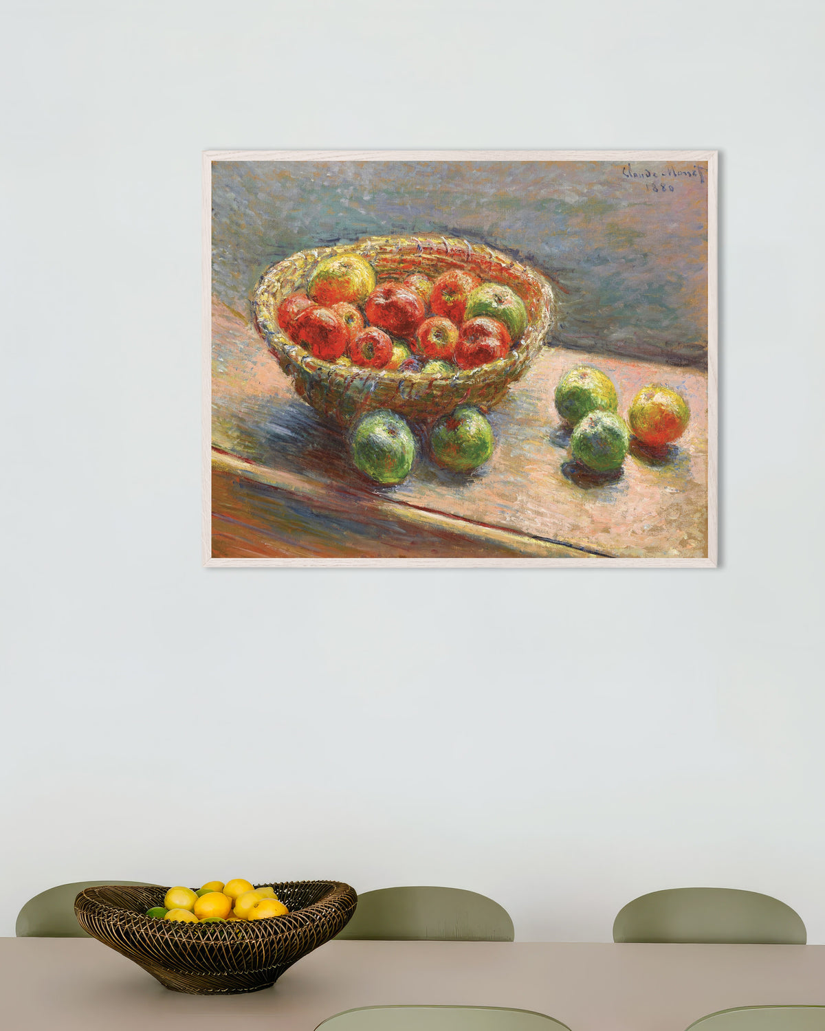 Poster Äppelkorgen (1880) av Claude Monet med vit träram