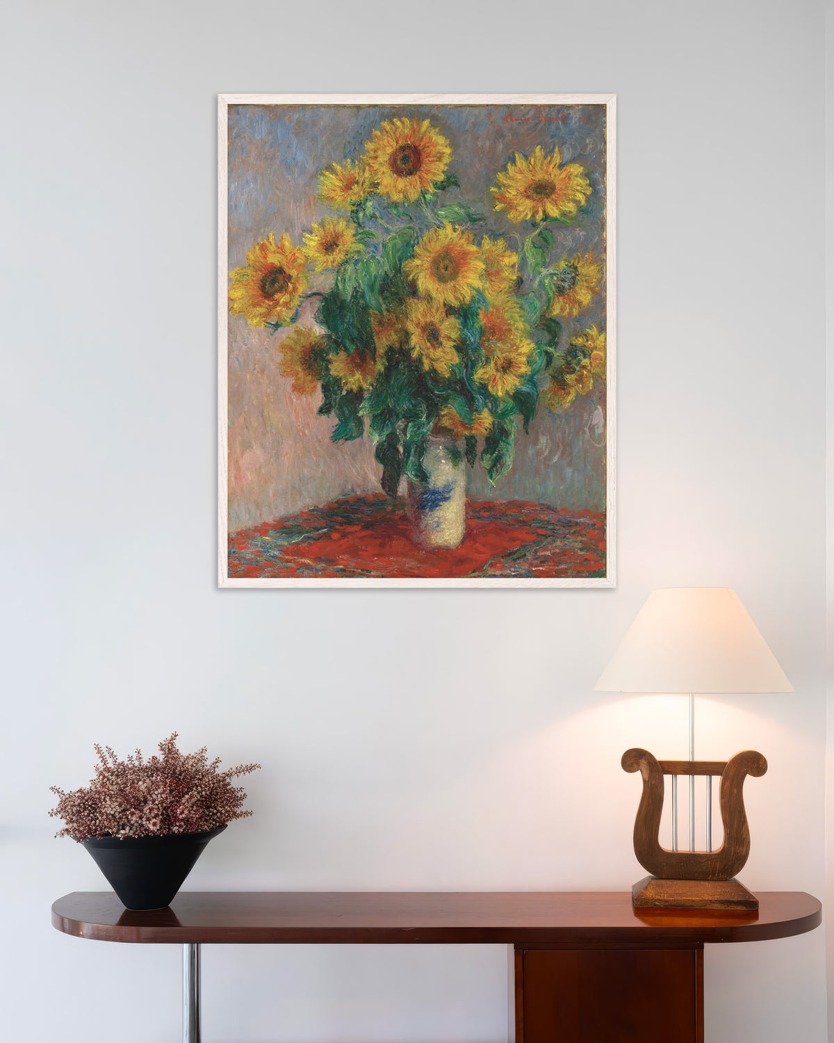 Poster Bukett med solrosor (1881) av Claude Monet med vit träram
