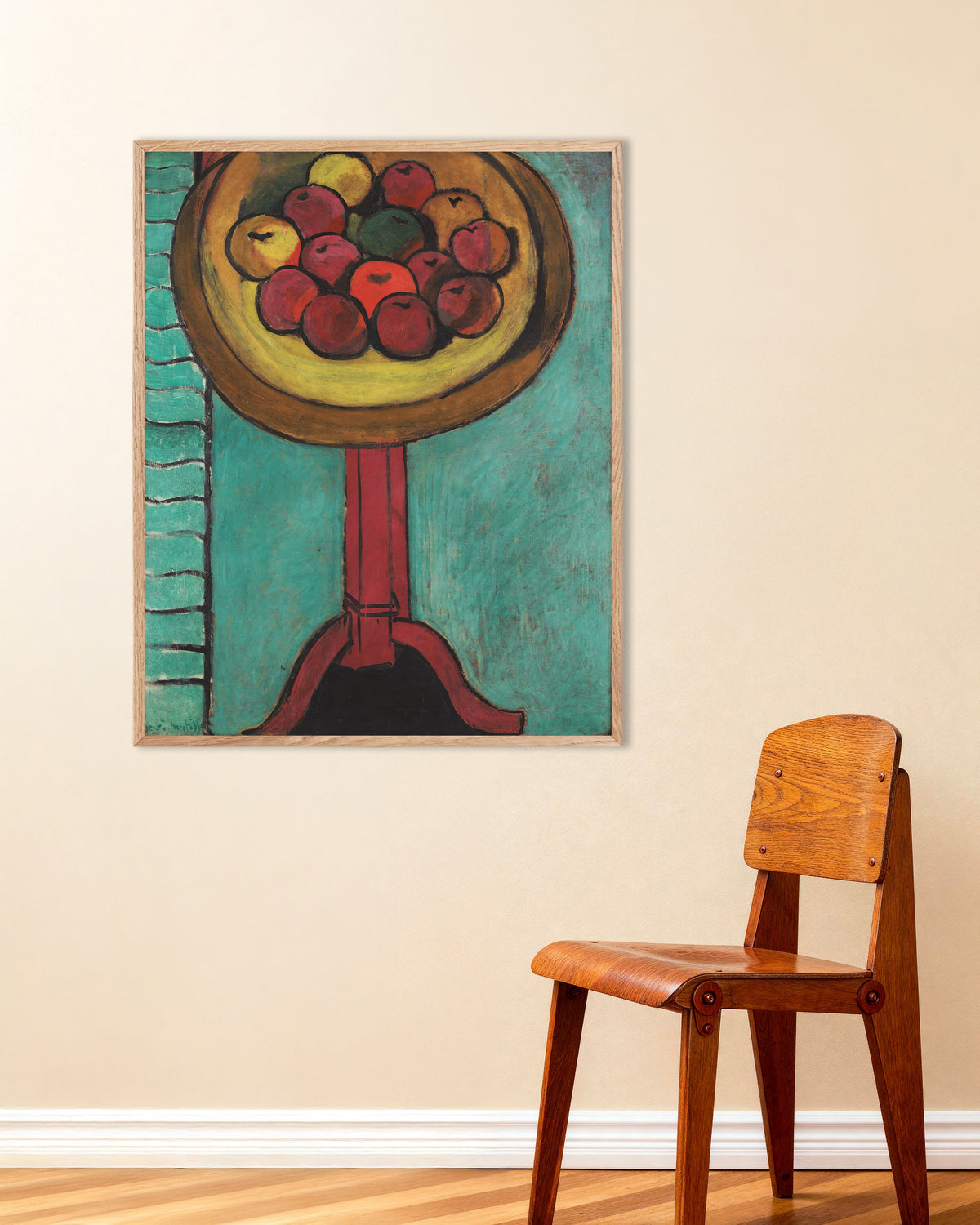 Poster av Skål med äpplen på ett bord (1916) av Henri Matisse, med ram i naturträ