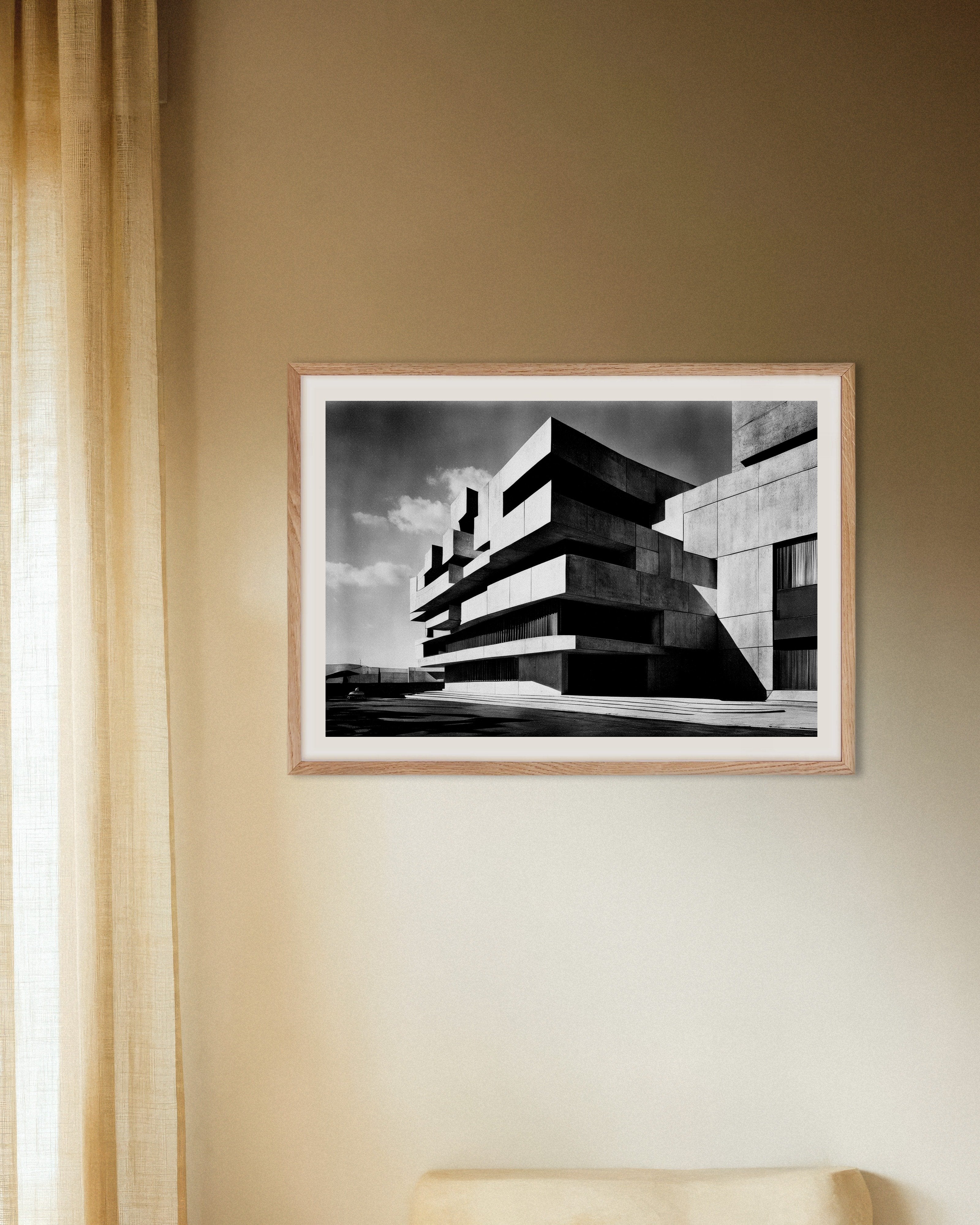 Poster of Brutalist architecture poster – Modern concrete design, with natural wooden frame