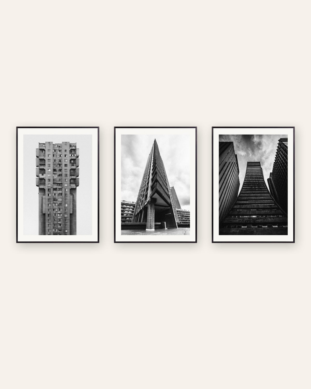Brutalism-posters, set med 3: torn i betong, i svarta metallramar
