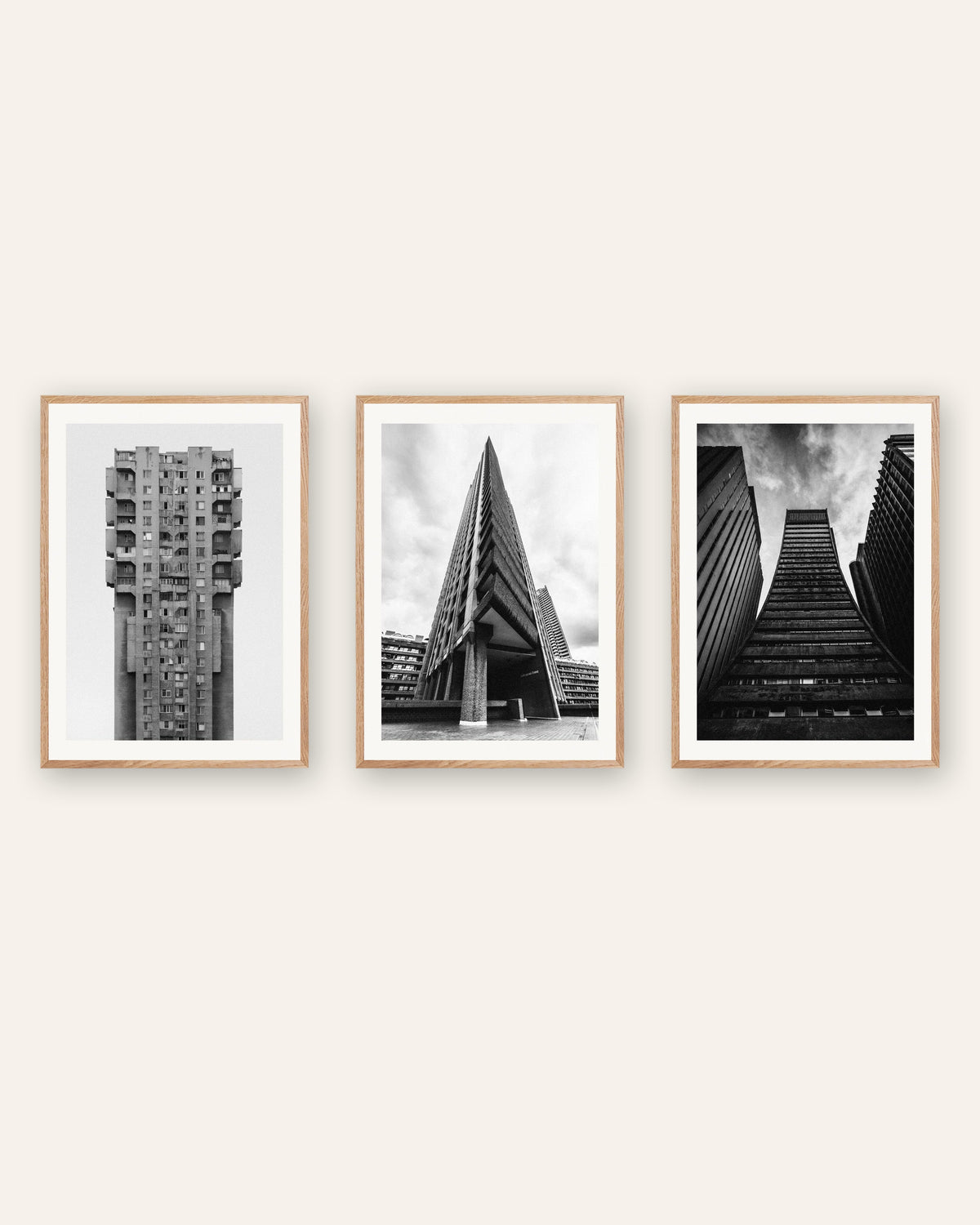 Brutalism-posters, set med 3: torn i betong, i ramar av naturek