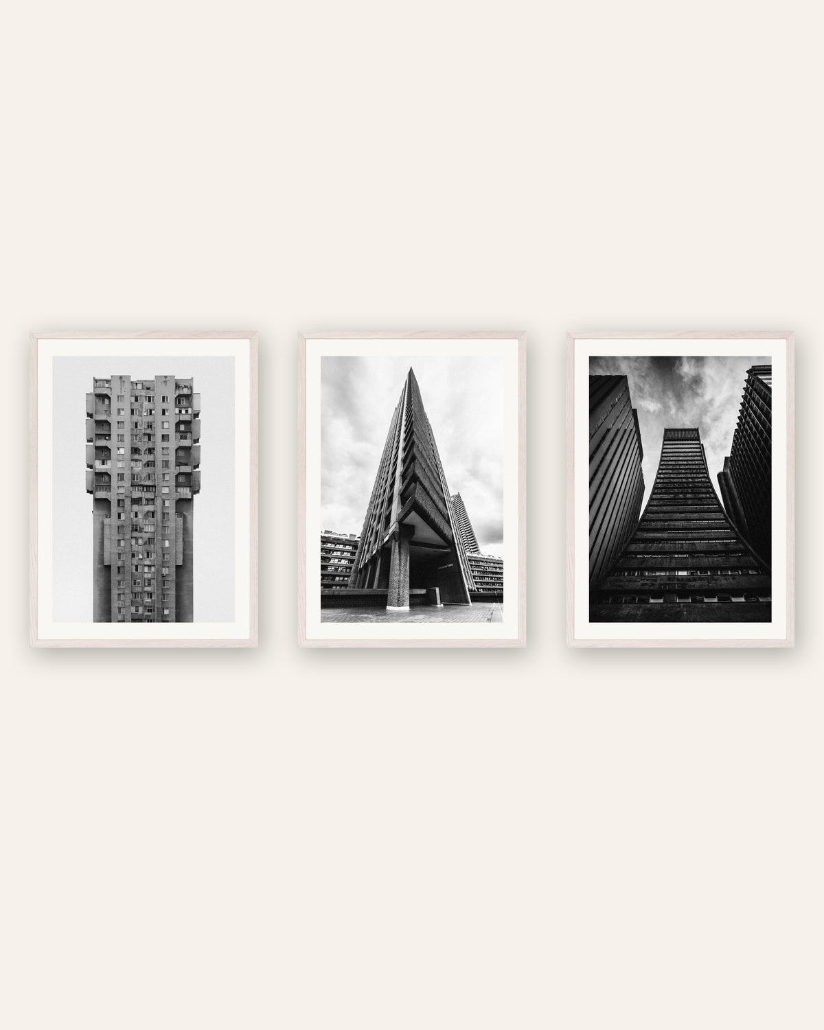 Brutalism-posters, set med 3: torn i betong, i vita ekramar