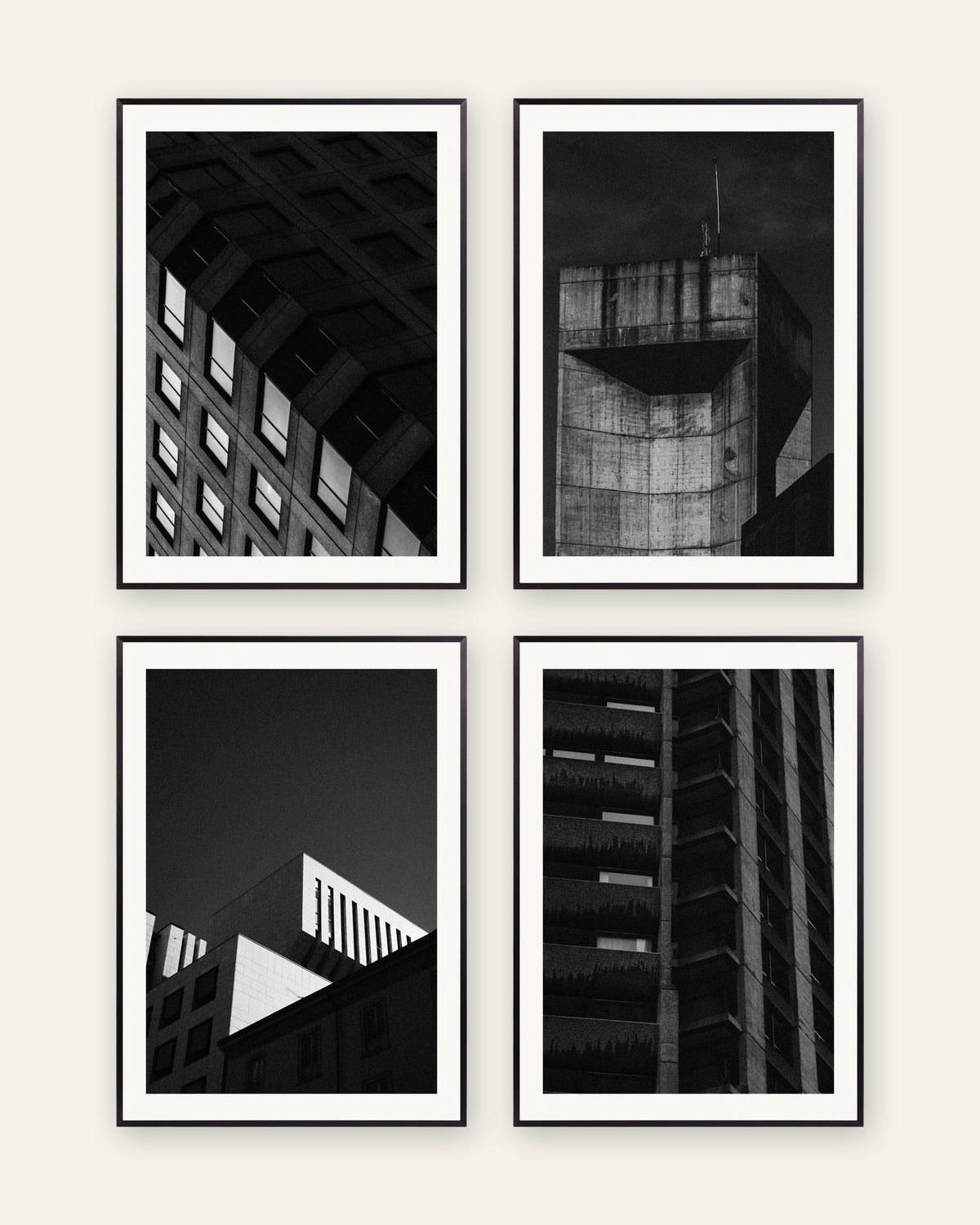 Brutalism-posters, set med 4: betong om natten, i svarta metallramar