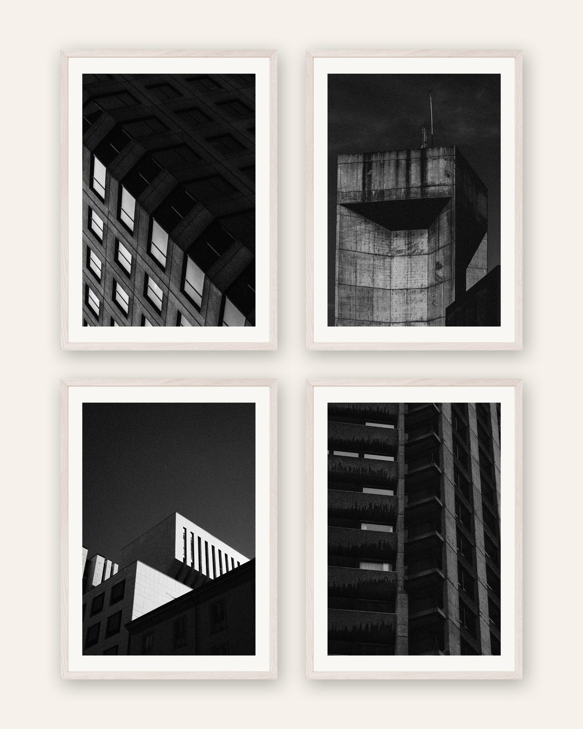 Brutalism-posters, set med 4: betong om natten, i vita ekramar