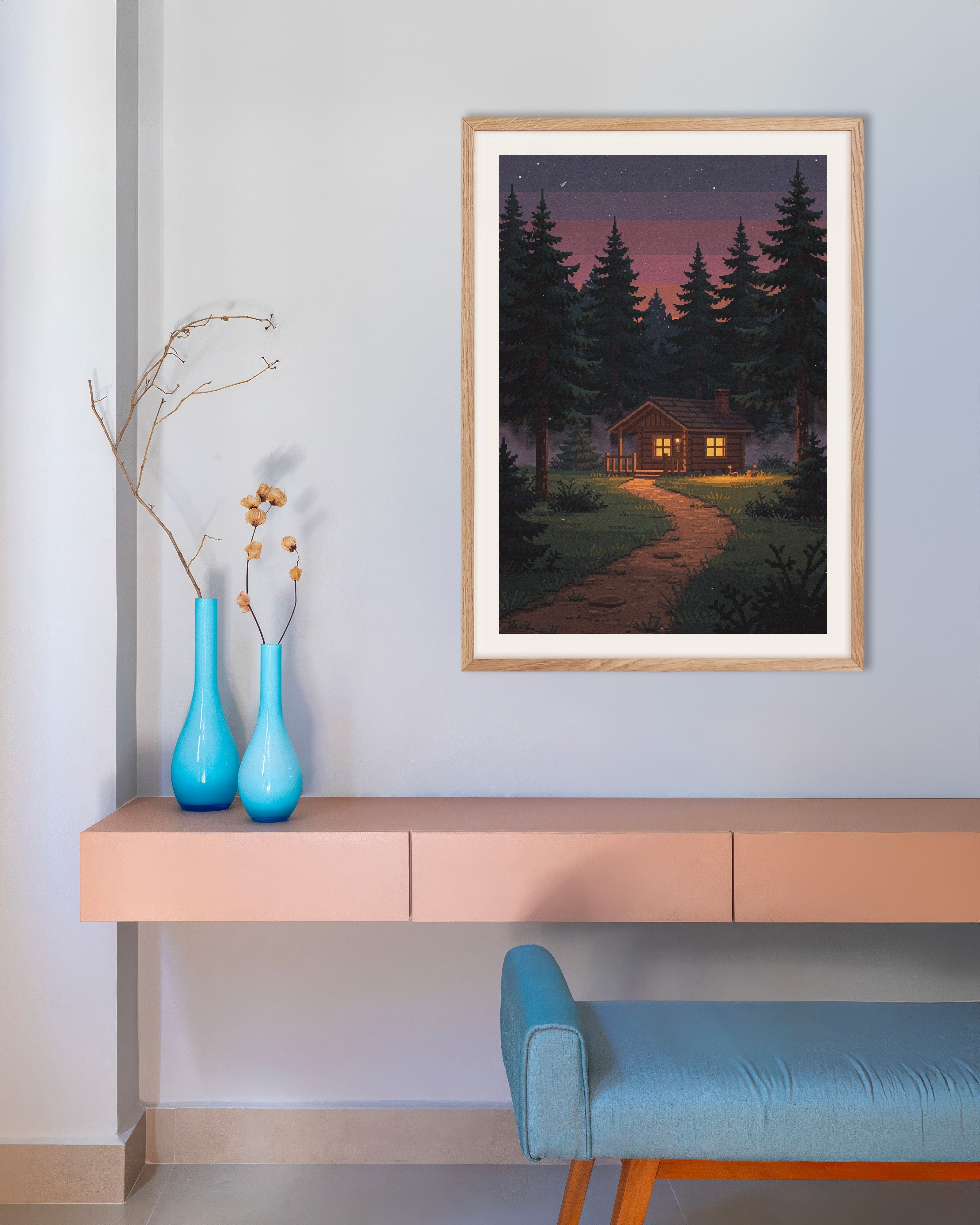 Poster of Cabin at Dusk - Pixel Art Poster, with natural wooden frame