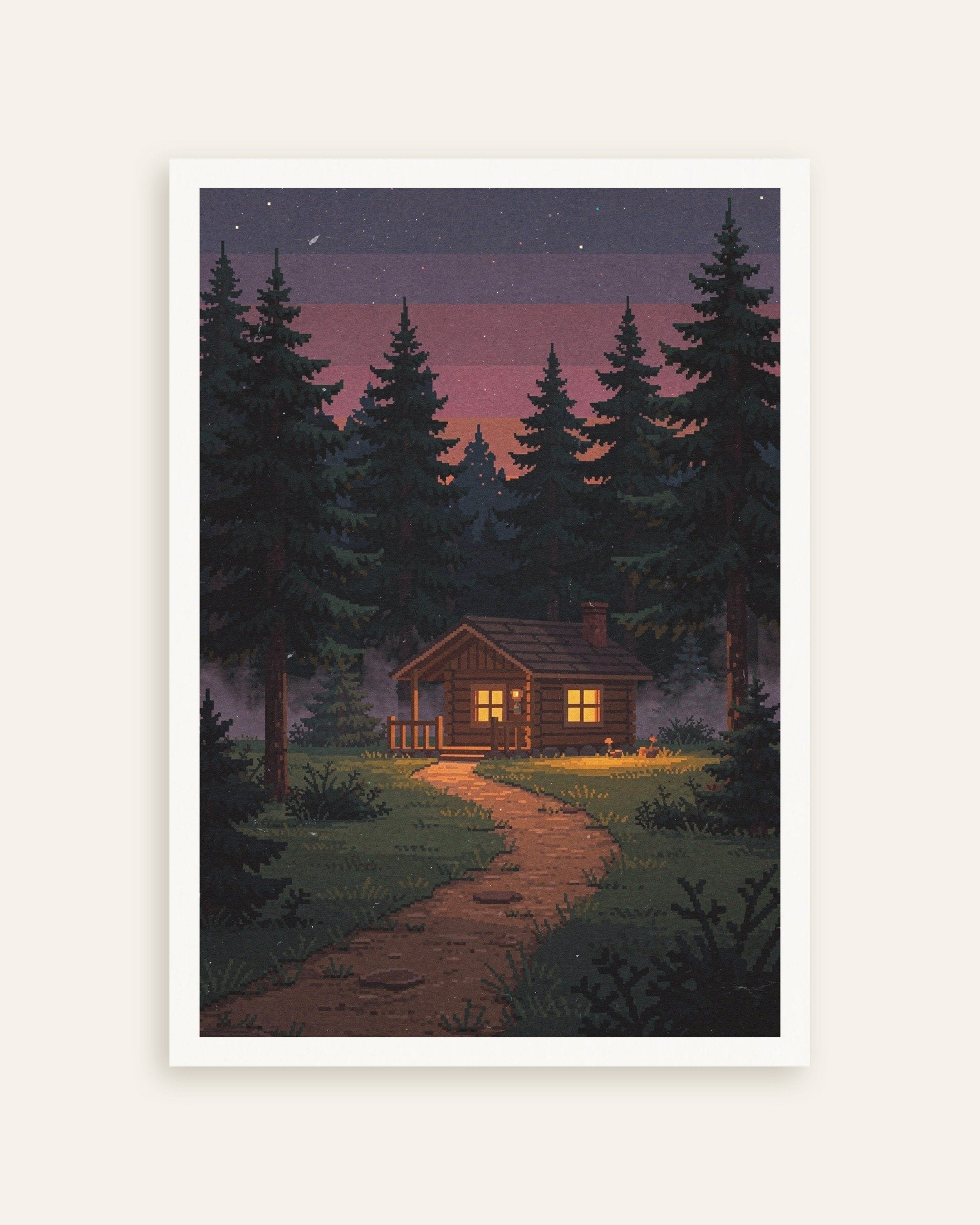 Poster of Cabin at Dusk - Pixel Art Poster, thumbnail