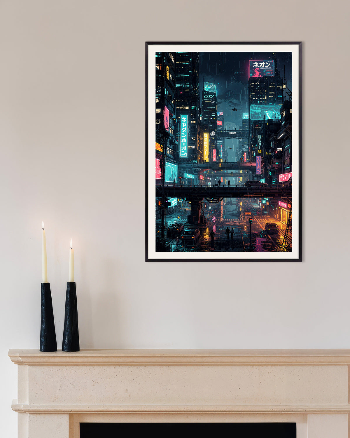 Poster av Cyberpunkstad i Japan i pixelkonststil, med metallram