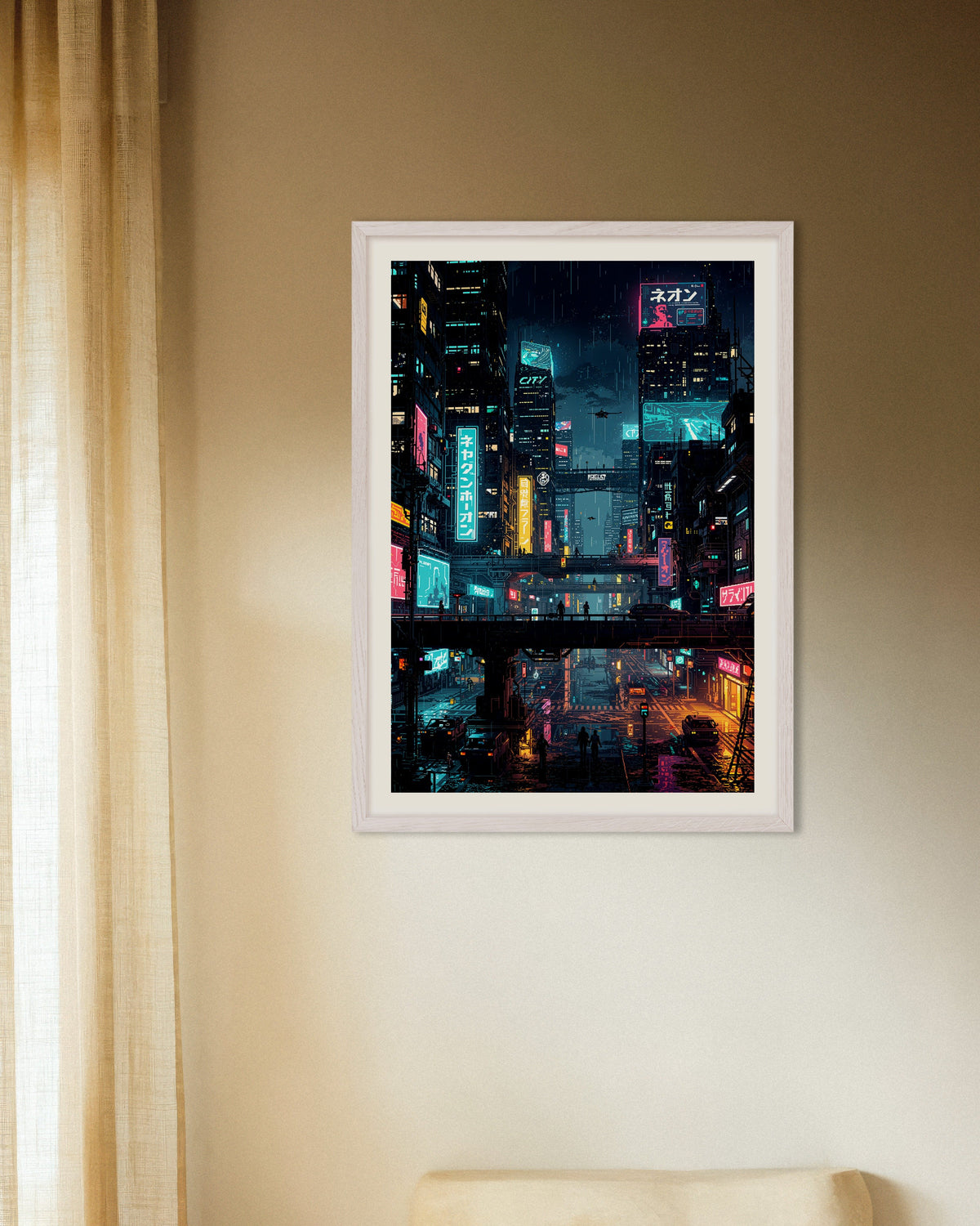 Poster av Cyberpunkstad i Japan i pixelkonststil, med vit träram