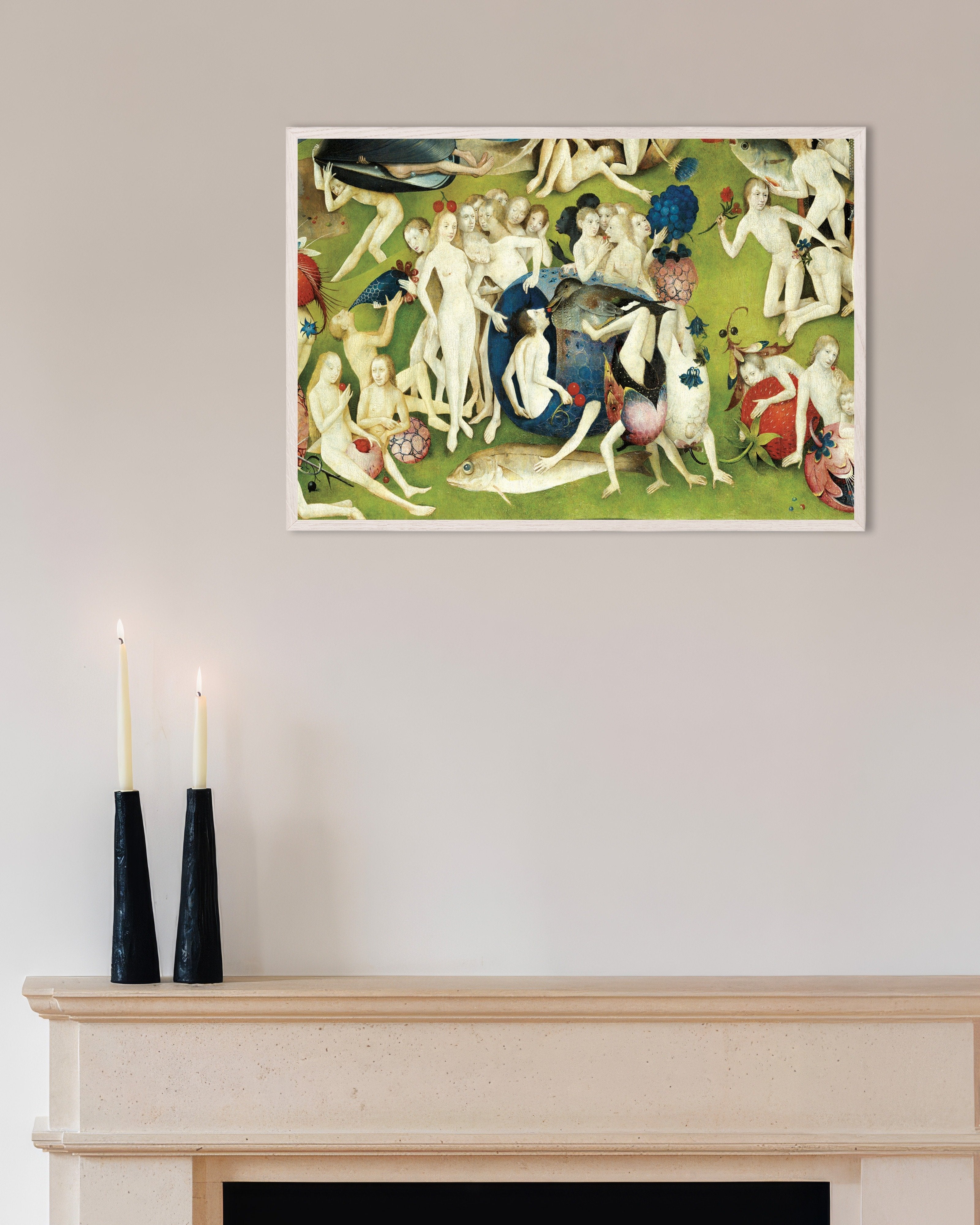 Poster of Detail from The Garden of Earthly Delights: the blue pod and the giant fish - Poster, with white wooden frame