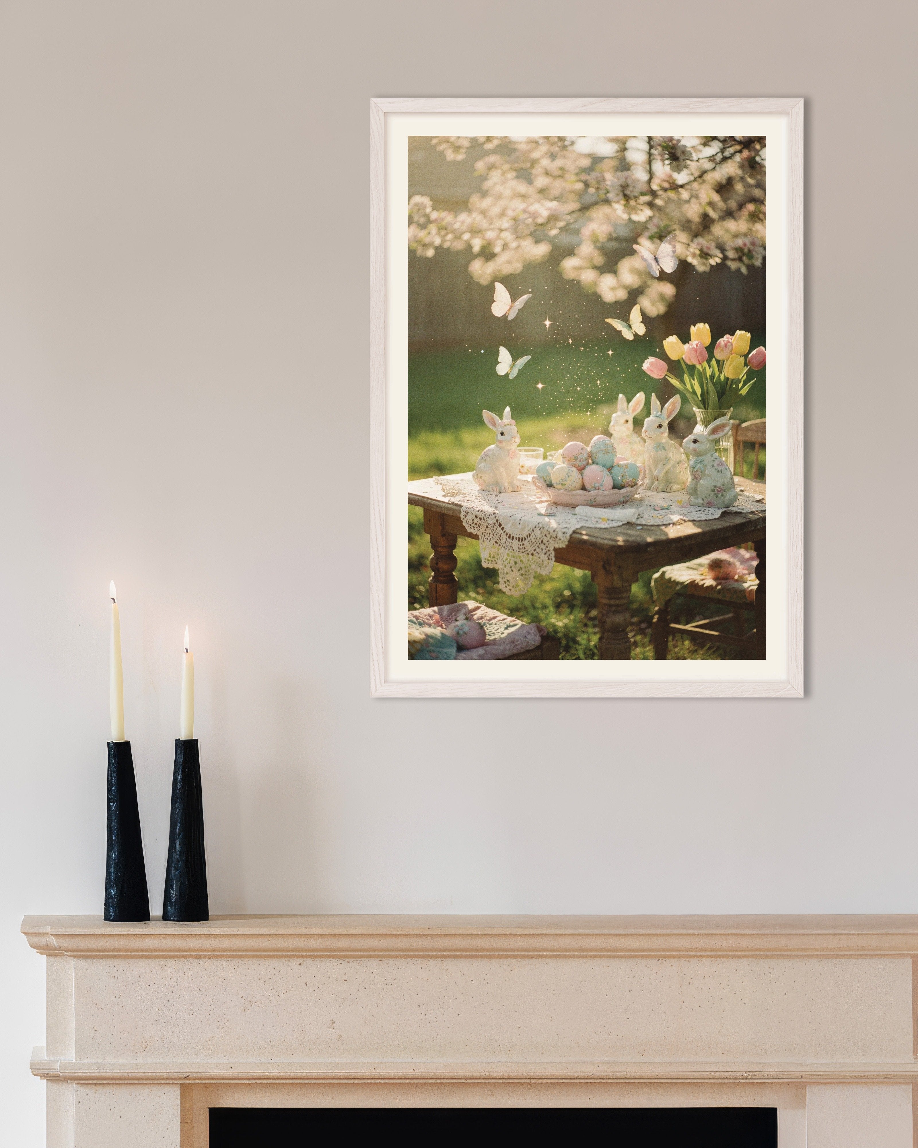 Poster of Easter Garden Bunnies & Pastel Eggs Poster, with white wooden frame