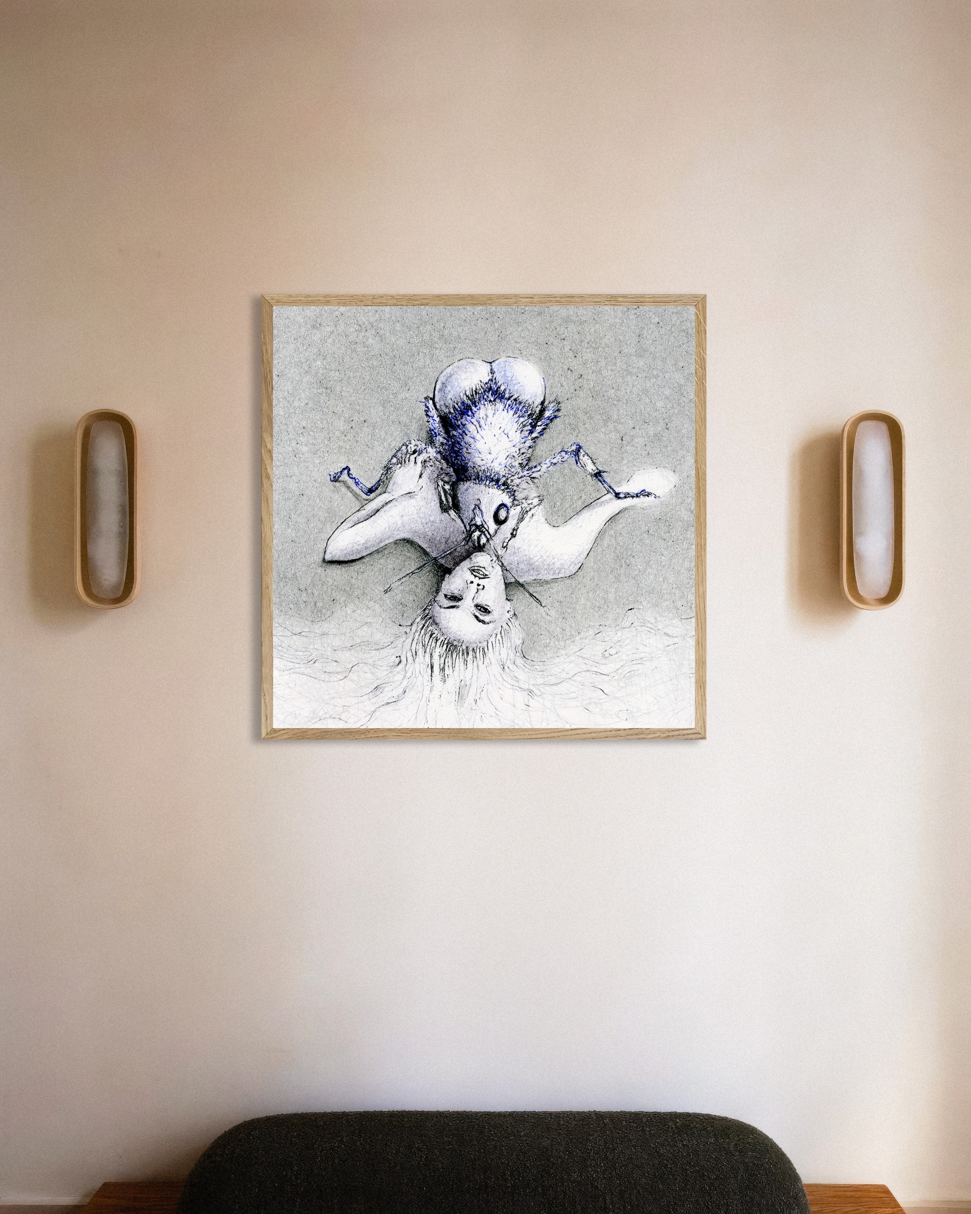 Poster of Ero Guro - The woman and the fly – Poster - Ballpoint pen art, with natural wooden frame