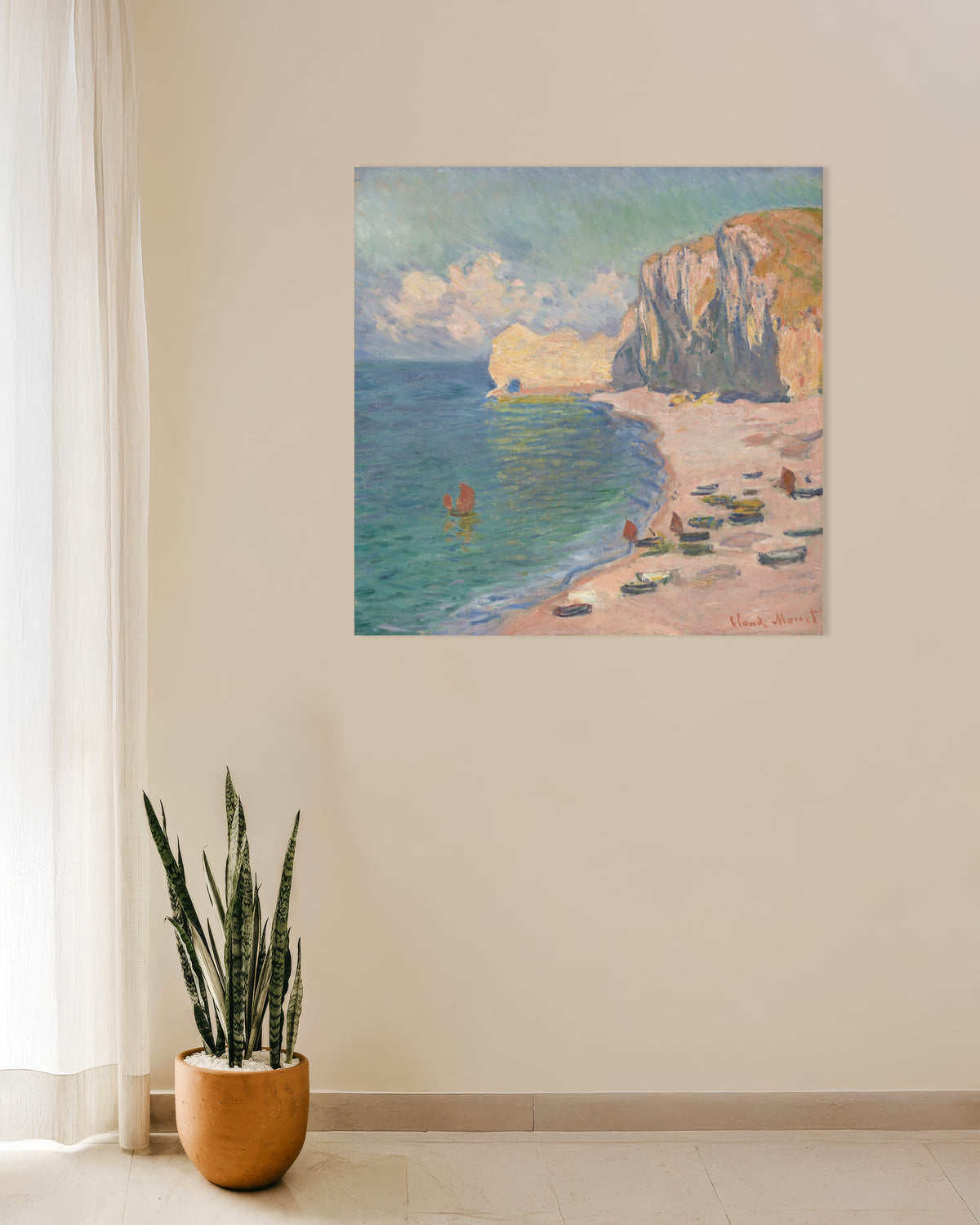 Poster Étretat, stranden och Falaise d'Amont (1885) av Claude Monet
