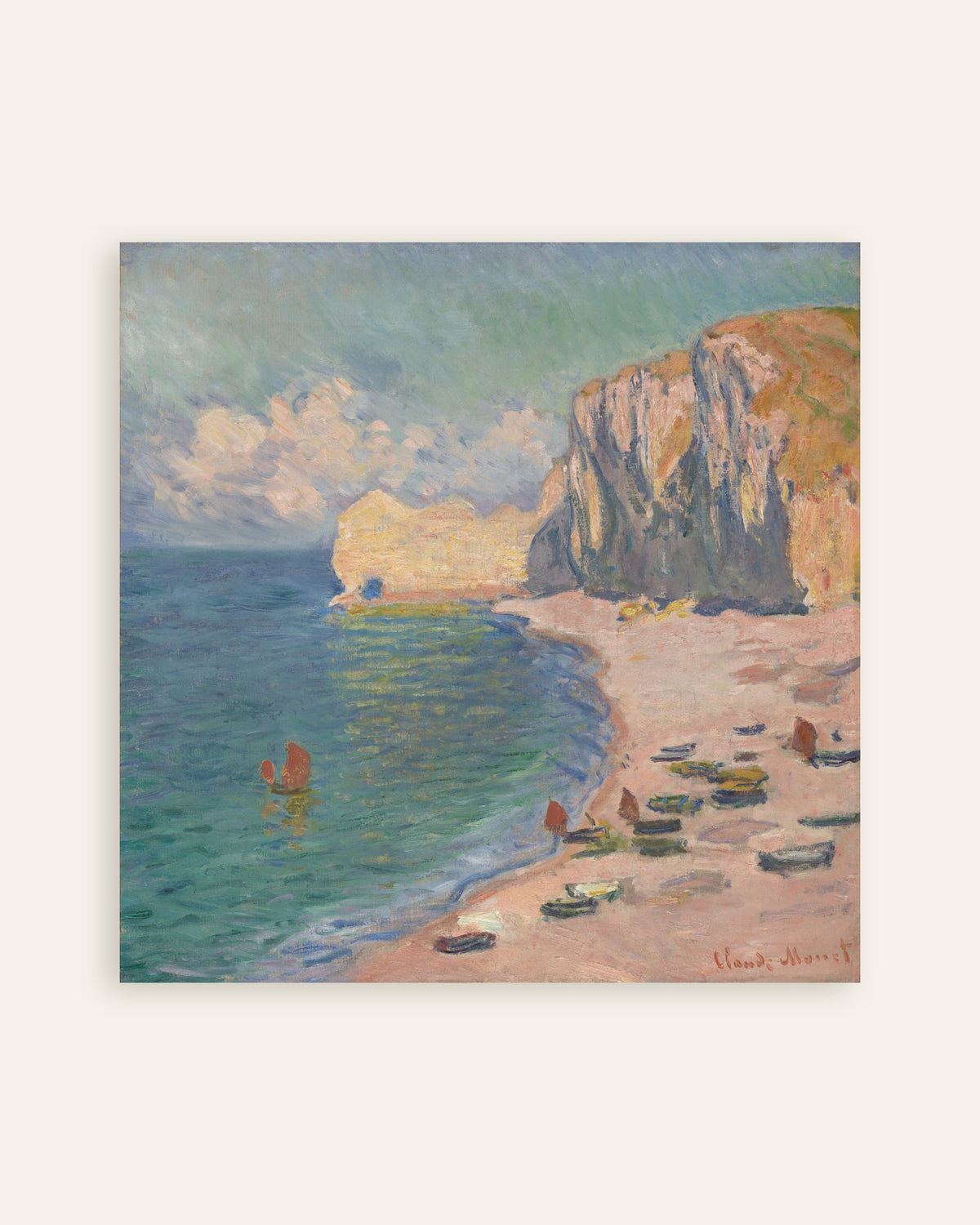 Poster Étretat, stranden och Falaise d'Amont (1885) av Claude Monet, miniatyr