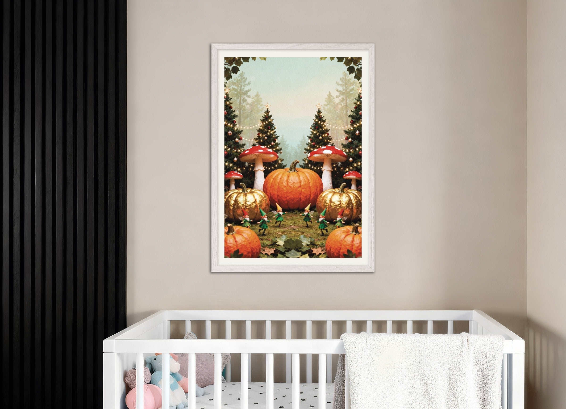 Poster of Fairy forest with pumpkins poster, with white wooden frame