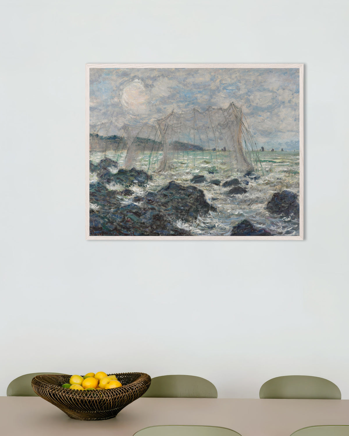 Poster Fisknät vid Pourville (1882) av Claude Monet med vit träram