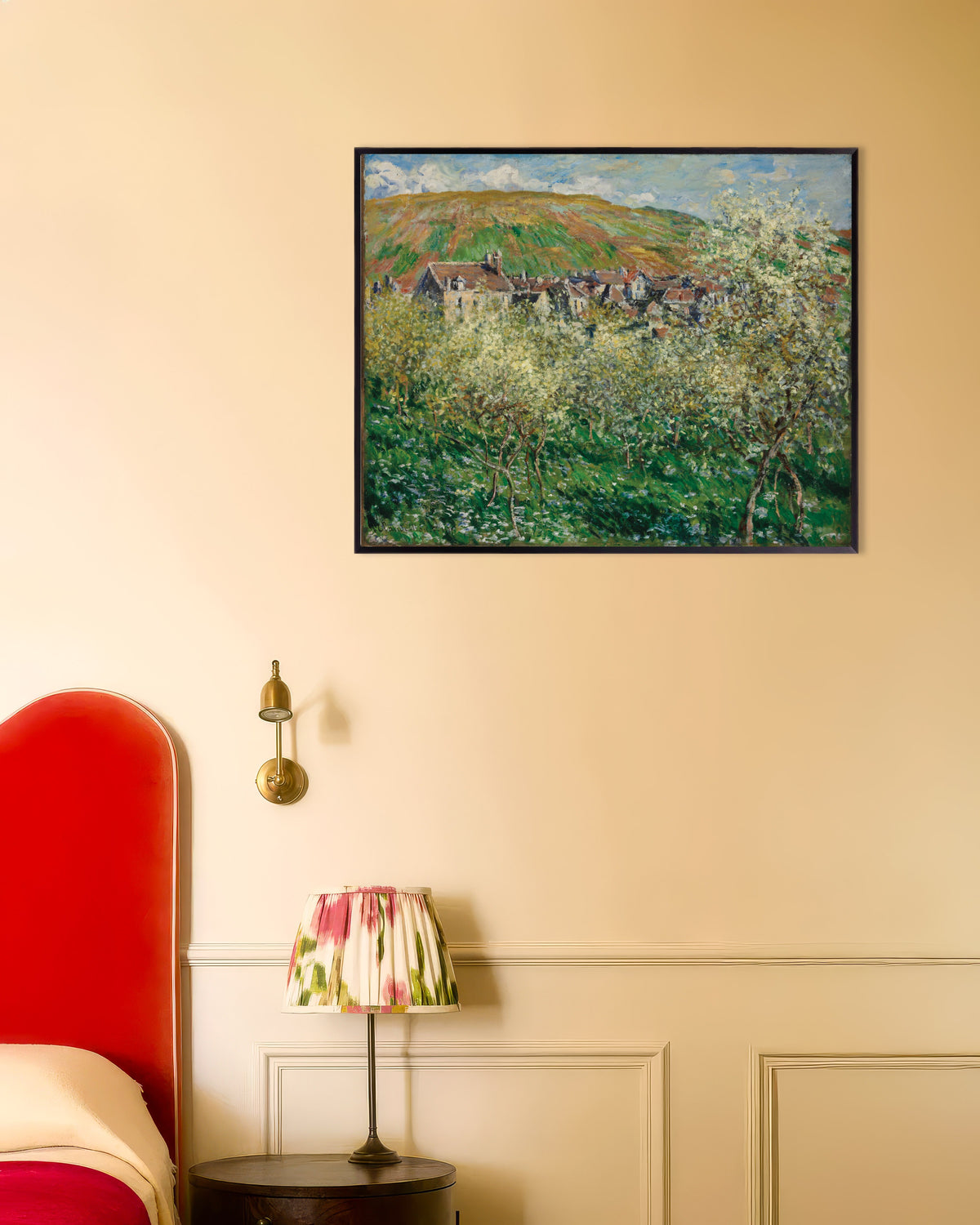 Poster Blommande plommonträd (1879) av Claude Monet med metallram