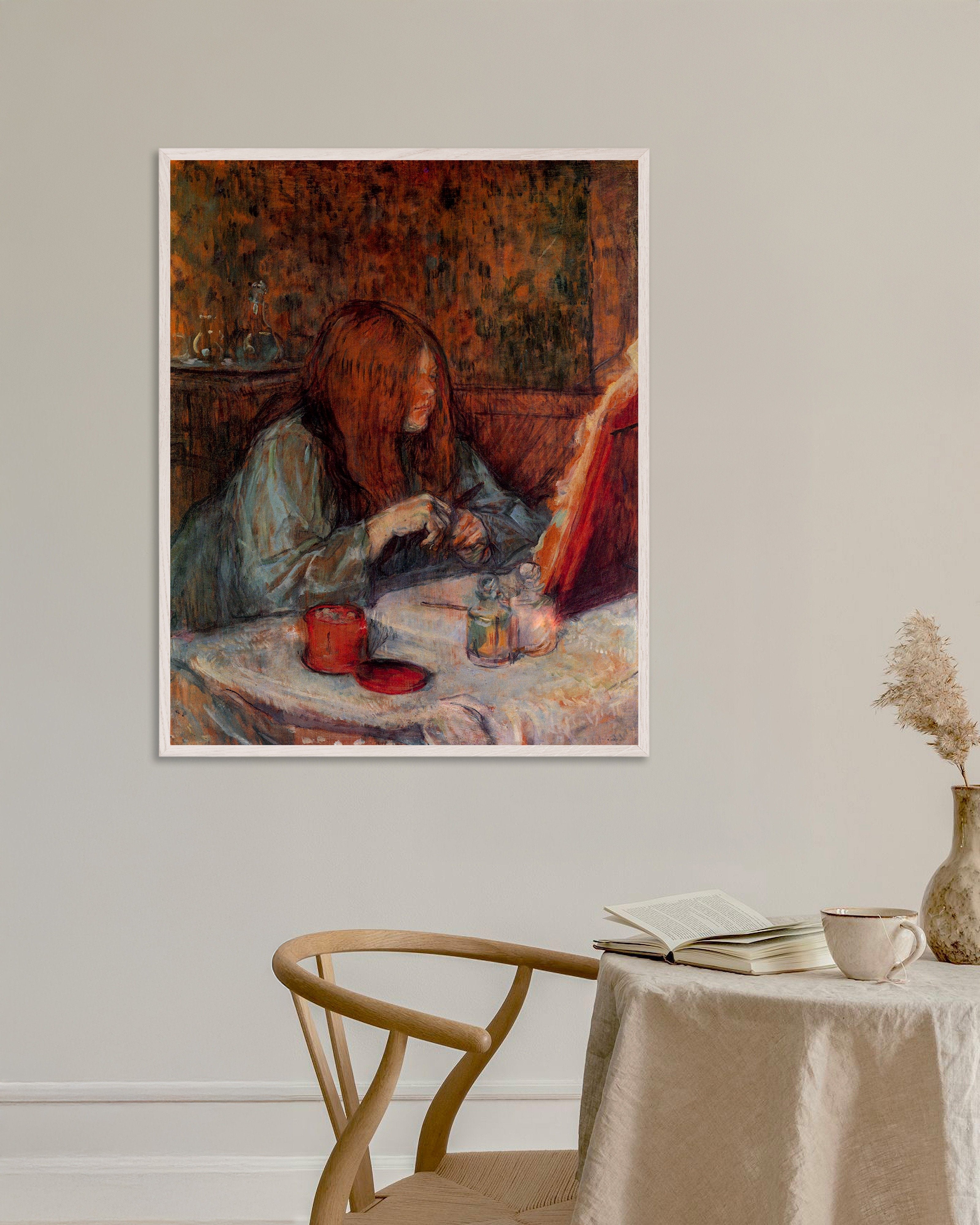 Poster of Girl at her toilet by Henri de Toulouse-Lautrec, 1898, with white wooden frame