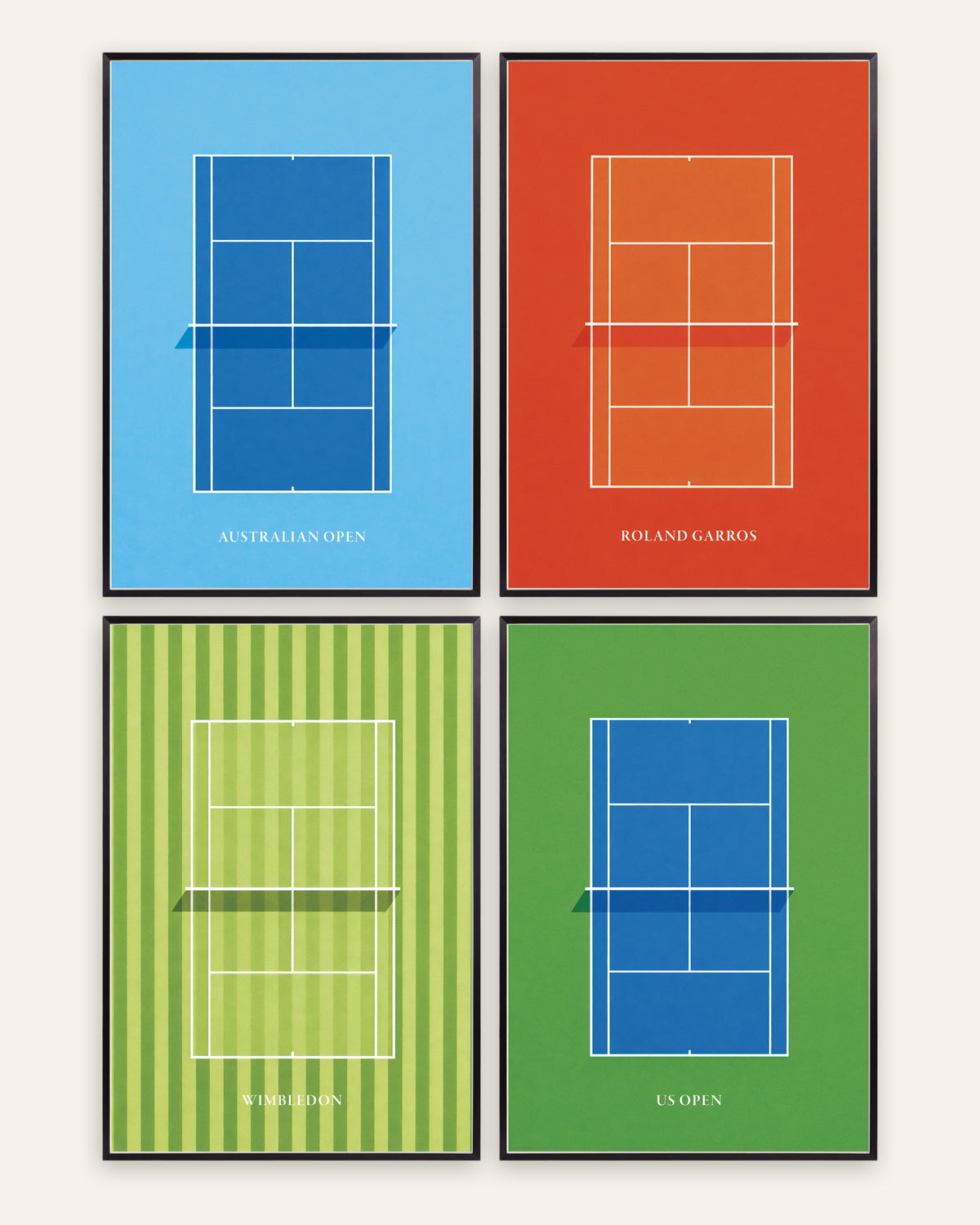 Grand Slam-tennisposters, set med 4: Australian Open, Roland Garros, Wimbledon och US Open, i svarta metallramar