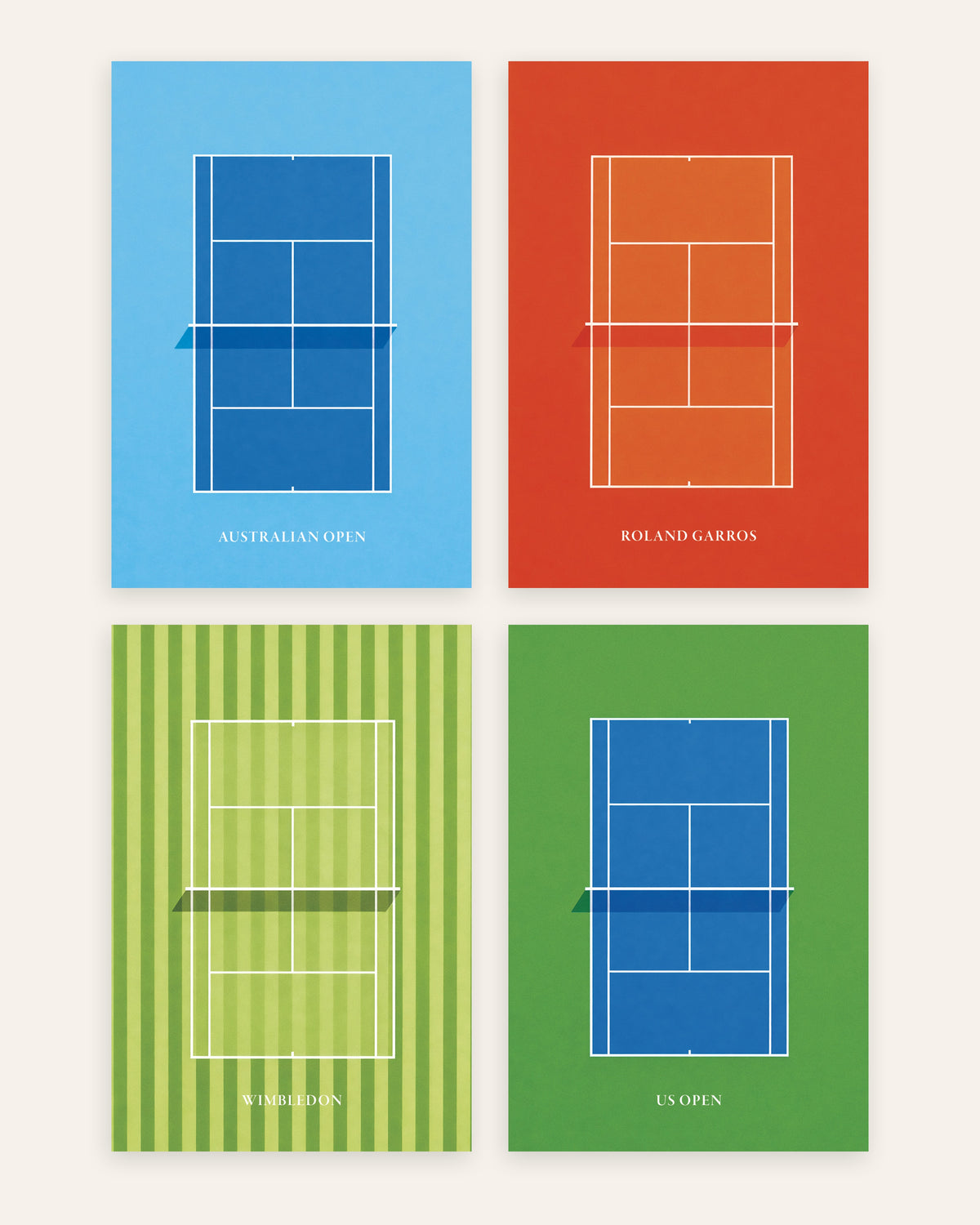 Grand Slam-tennisposters, set med 4: Australian Open, Roland Garros, Wimbledon och US Open, utan ram