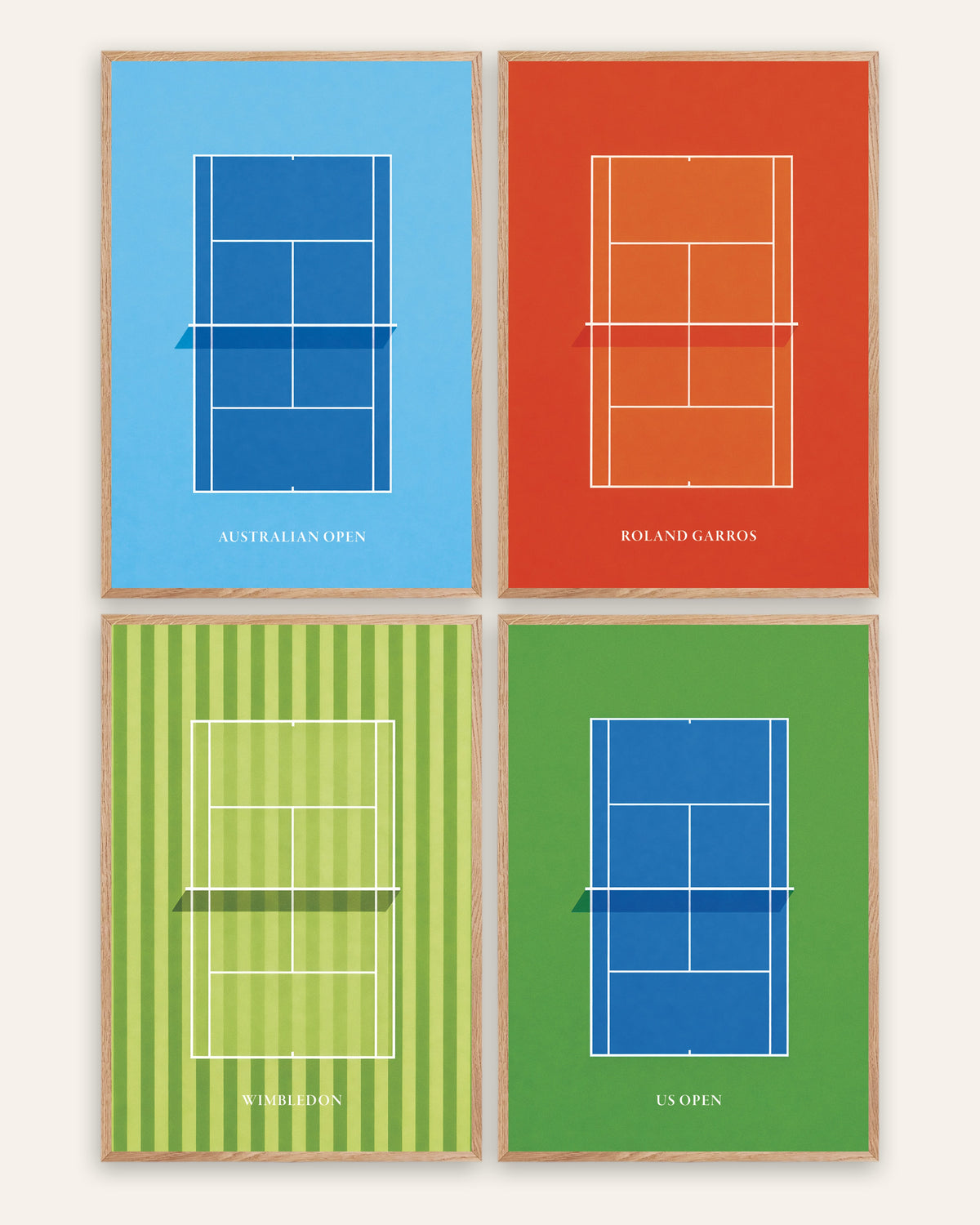 Grand Slam-tennisposters, set med 4: Australian Open, Roland Garros, Wimbledon och US Open, i ramar av naturek