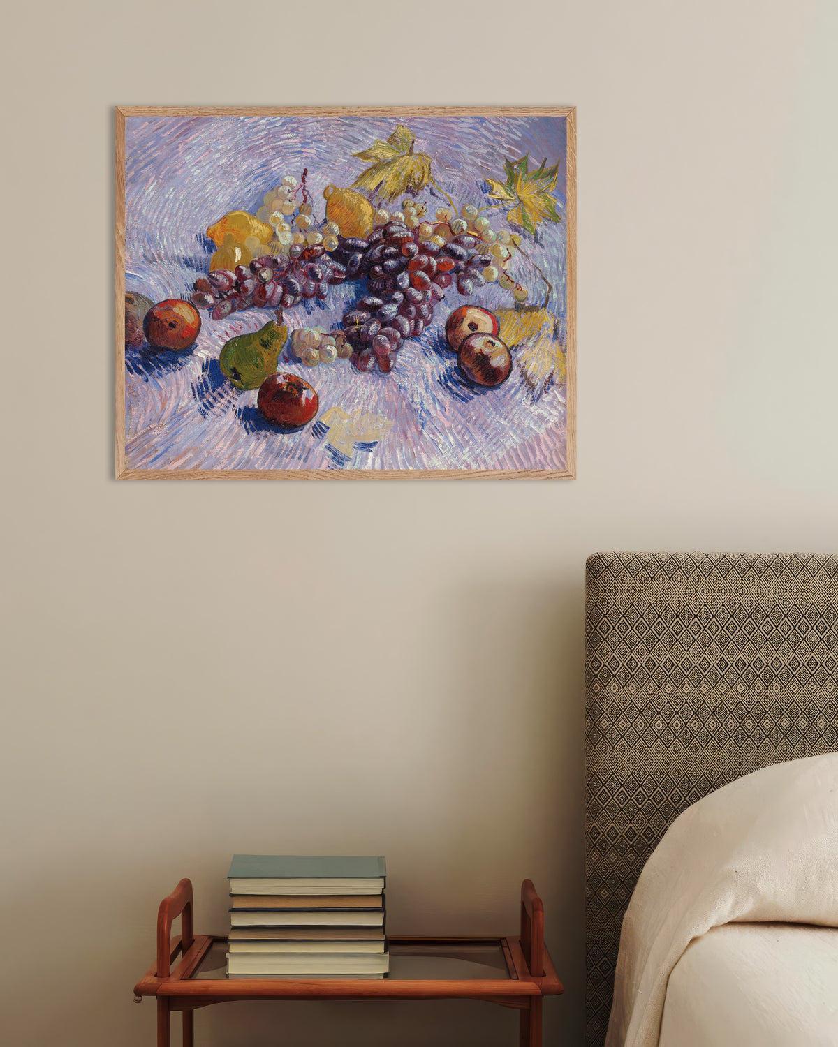 Poster av Druvor, citroner, päron och äpplen (1887) av Vincent van Gogh, med ram i naturträ