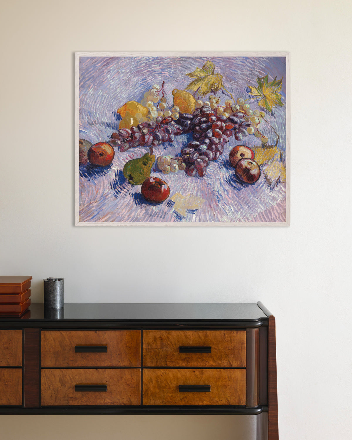 Poster av Druvor, citroner, päron och äpplen (1887) av Vincent van Gogh, med vit träram