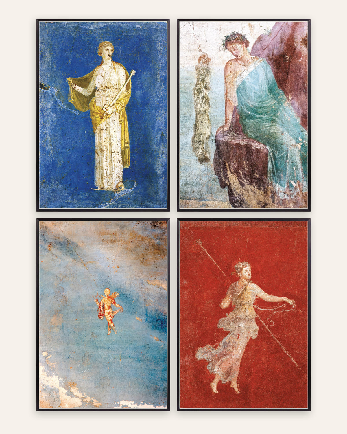 Romerska freskoposters, set med 4: Medea, Ikaros, Psyche och menad, i svarta metallramar