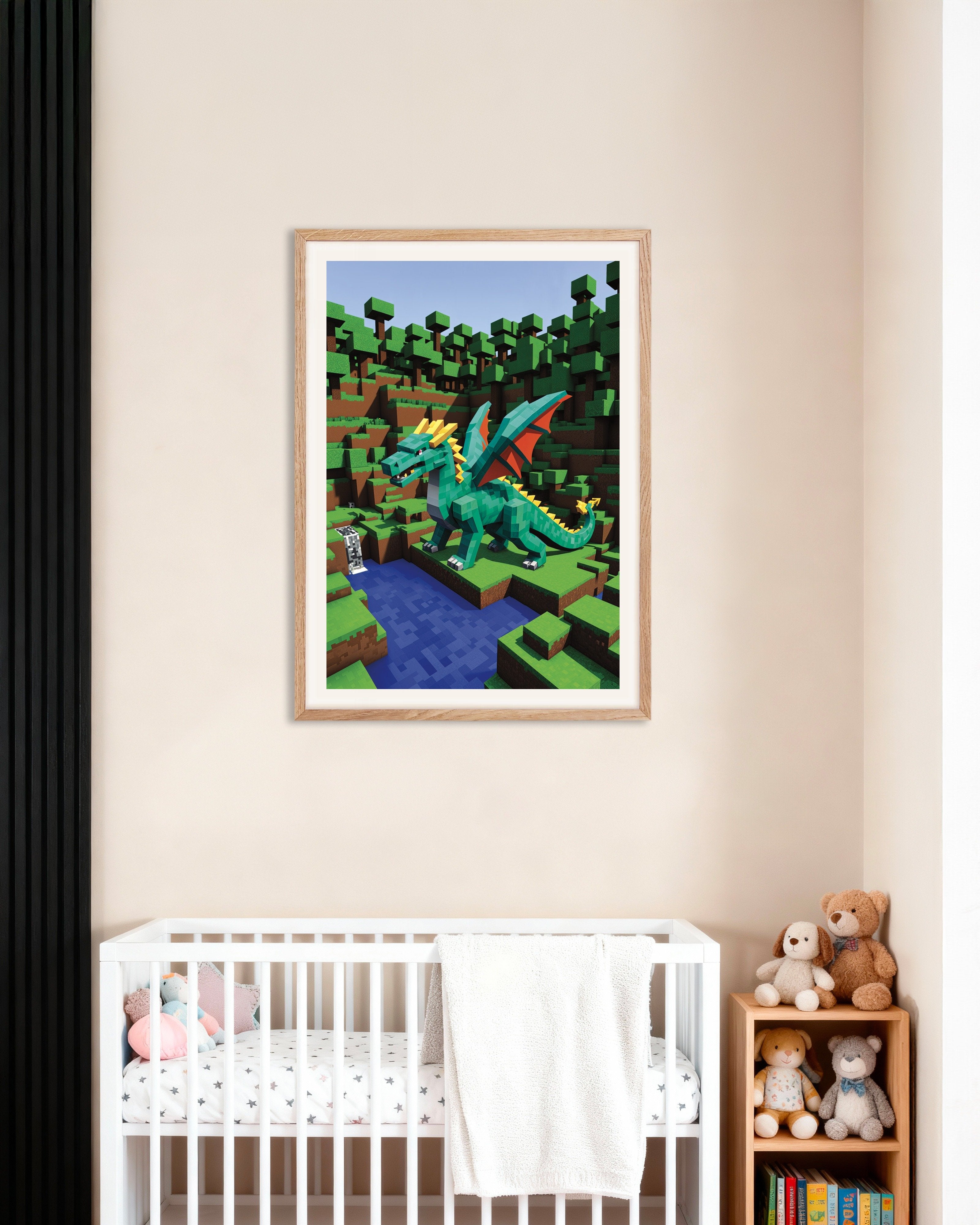 Poster of Green dragon by the waterfall, with natural wooden frame