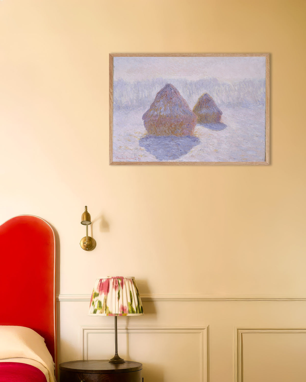 Poster Sädesstackar, snö och sol (1891) av Claude Monet med ram i naturträ