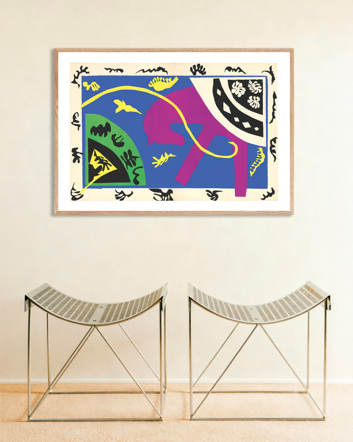 Poster med Häst, ryttare och clown (Jazz, 1947) av Henri Matisse, med ram i naturträ