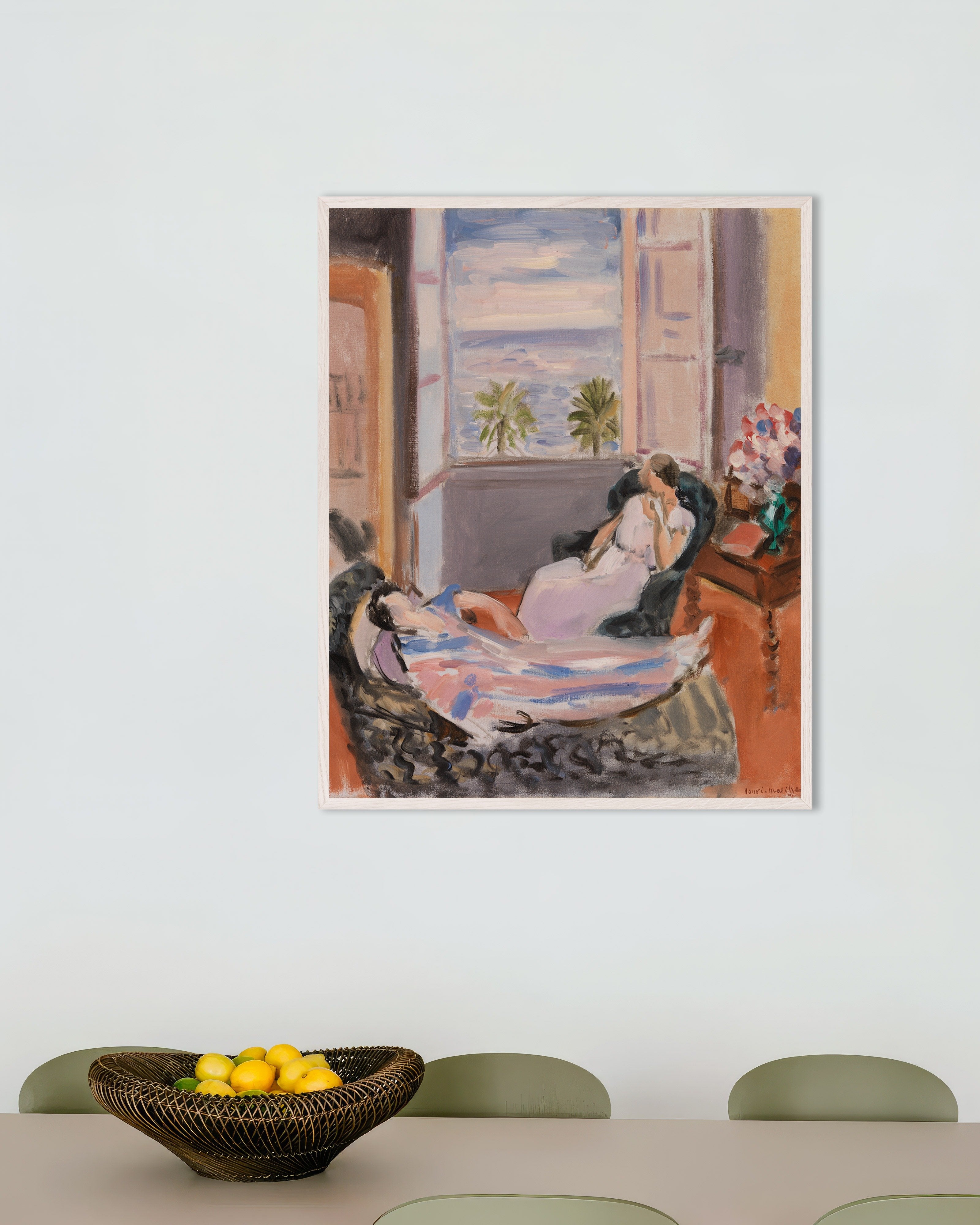 Poster of Interior with two figures, open window (1921-1922) by Henri Matisse, with white wooden frame