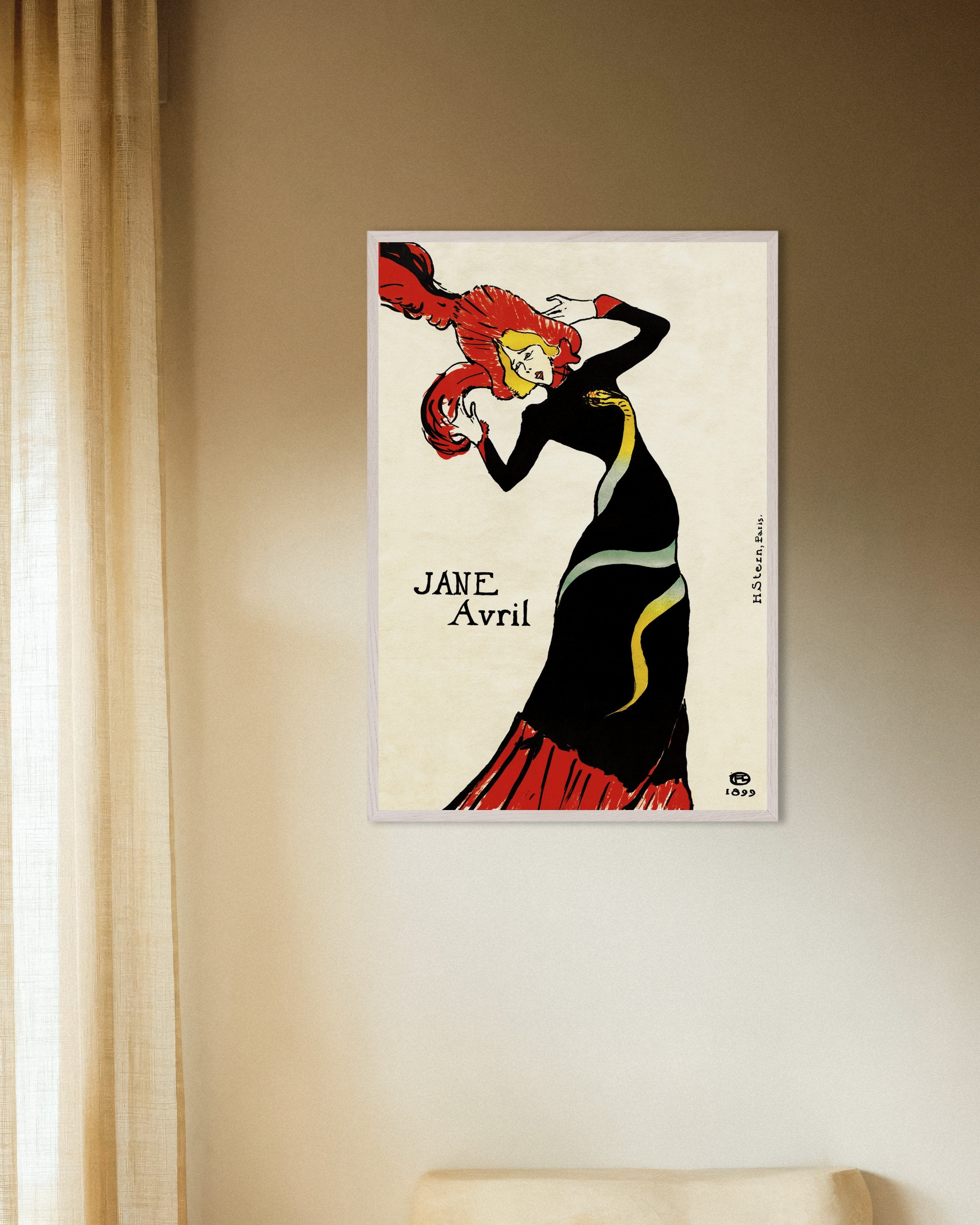 Poster of Jane Avril (1899) by Henri de Toulouse-Lautrec Poster, with white wooden frame