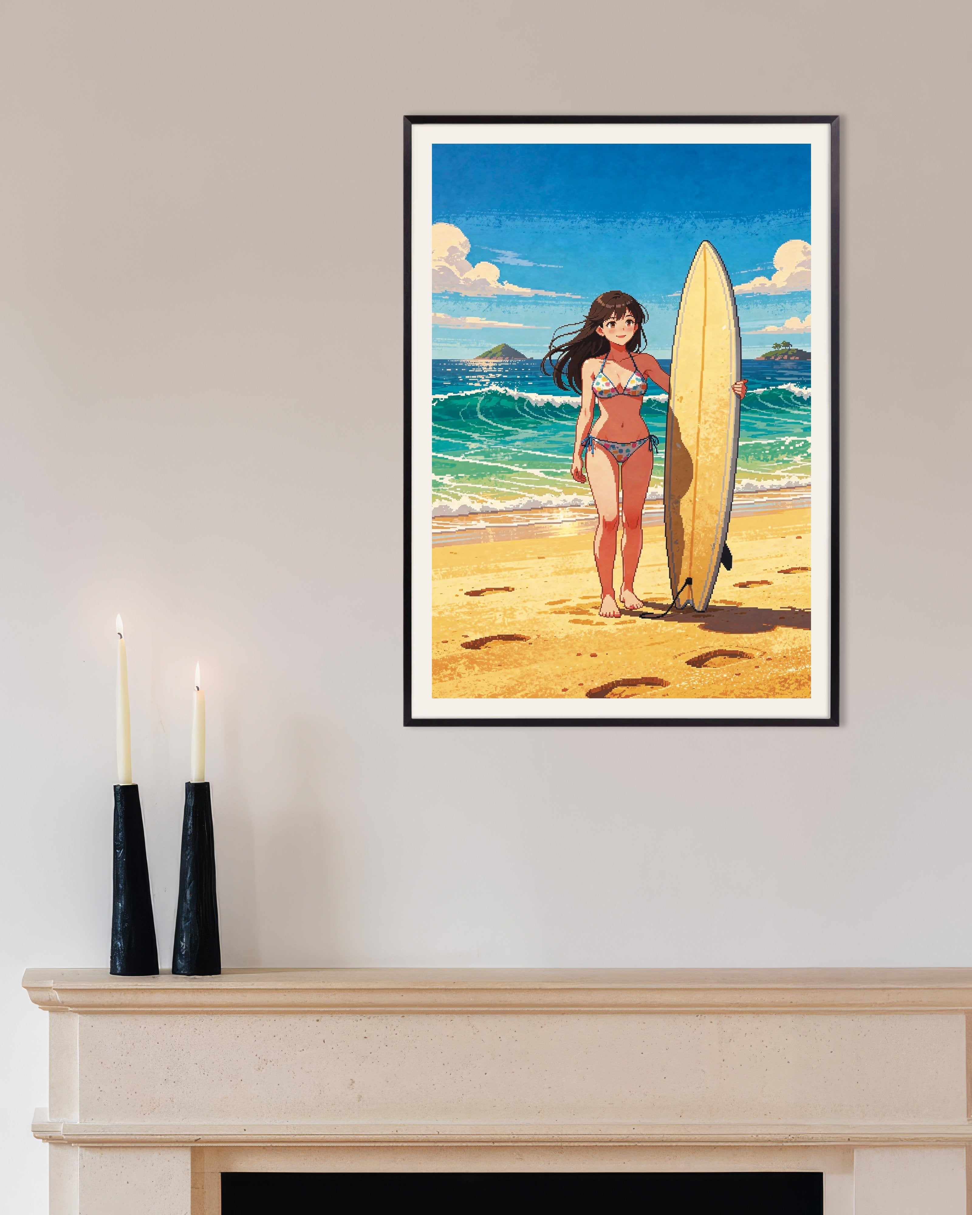 Poster of Japanese Surfer Pixel Art Poster, with metal frame