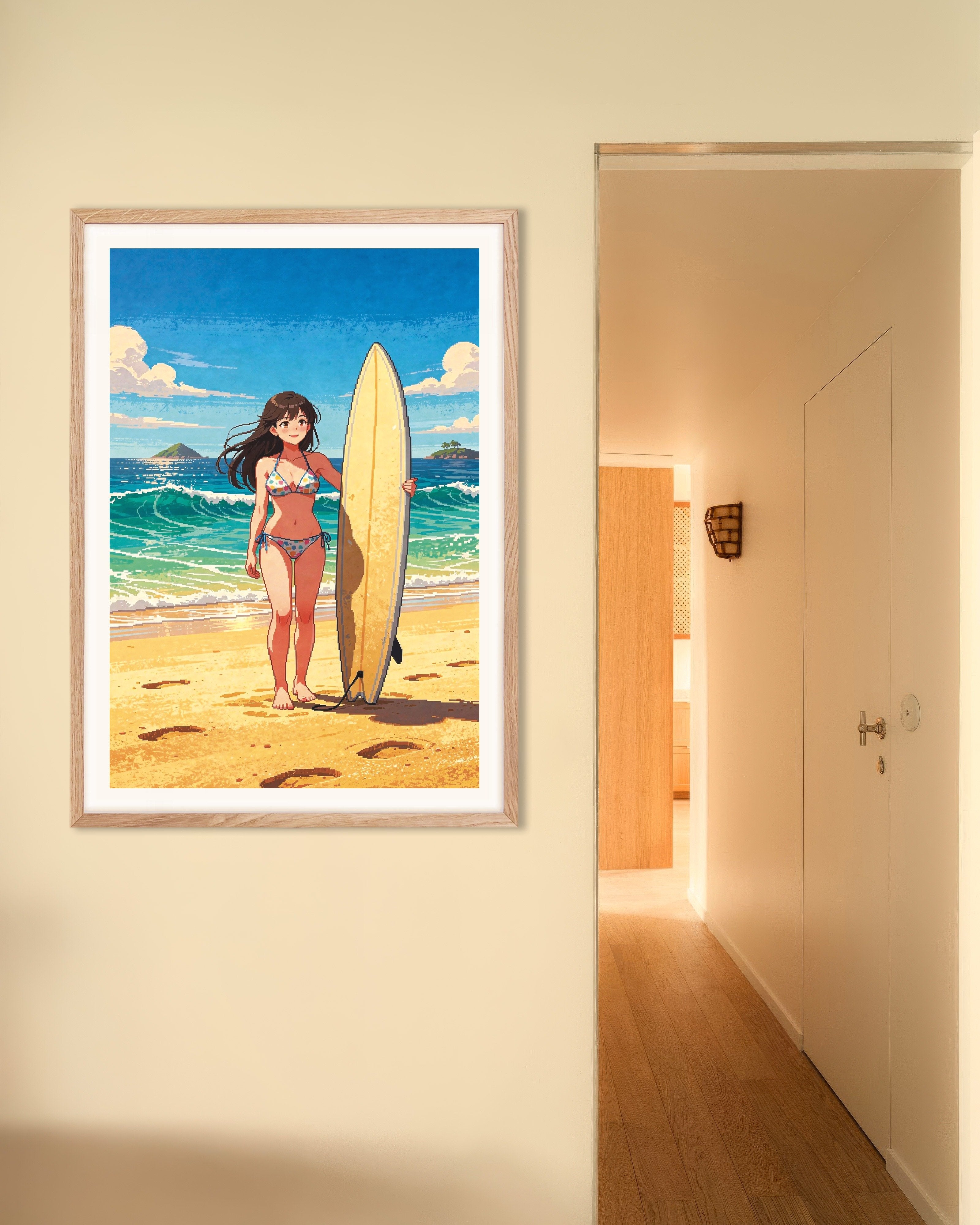 Poster of Japanese Surfer Pixel Art Poster, with natural wooden frame